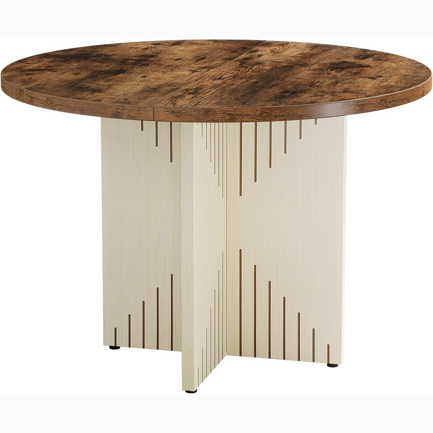 39" Round Farmhouse Dining Table for 4 with Pedestal Base - All Wood Kitchen Table in Brown & Beige