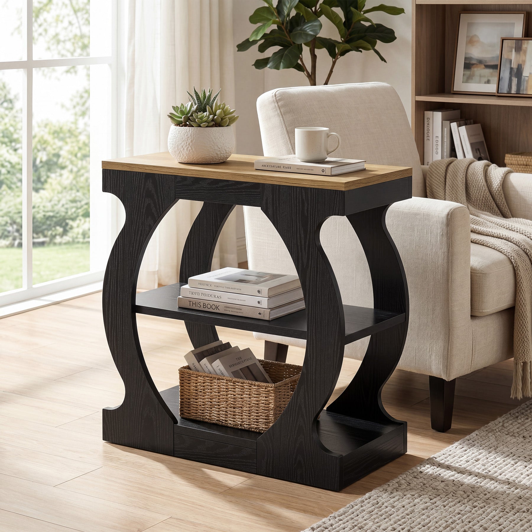 Tribesigns 23.6 Inch Narrow End Table with 3-Tier Storage, Wooden Side Table with Curved Frame