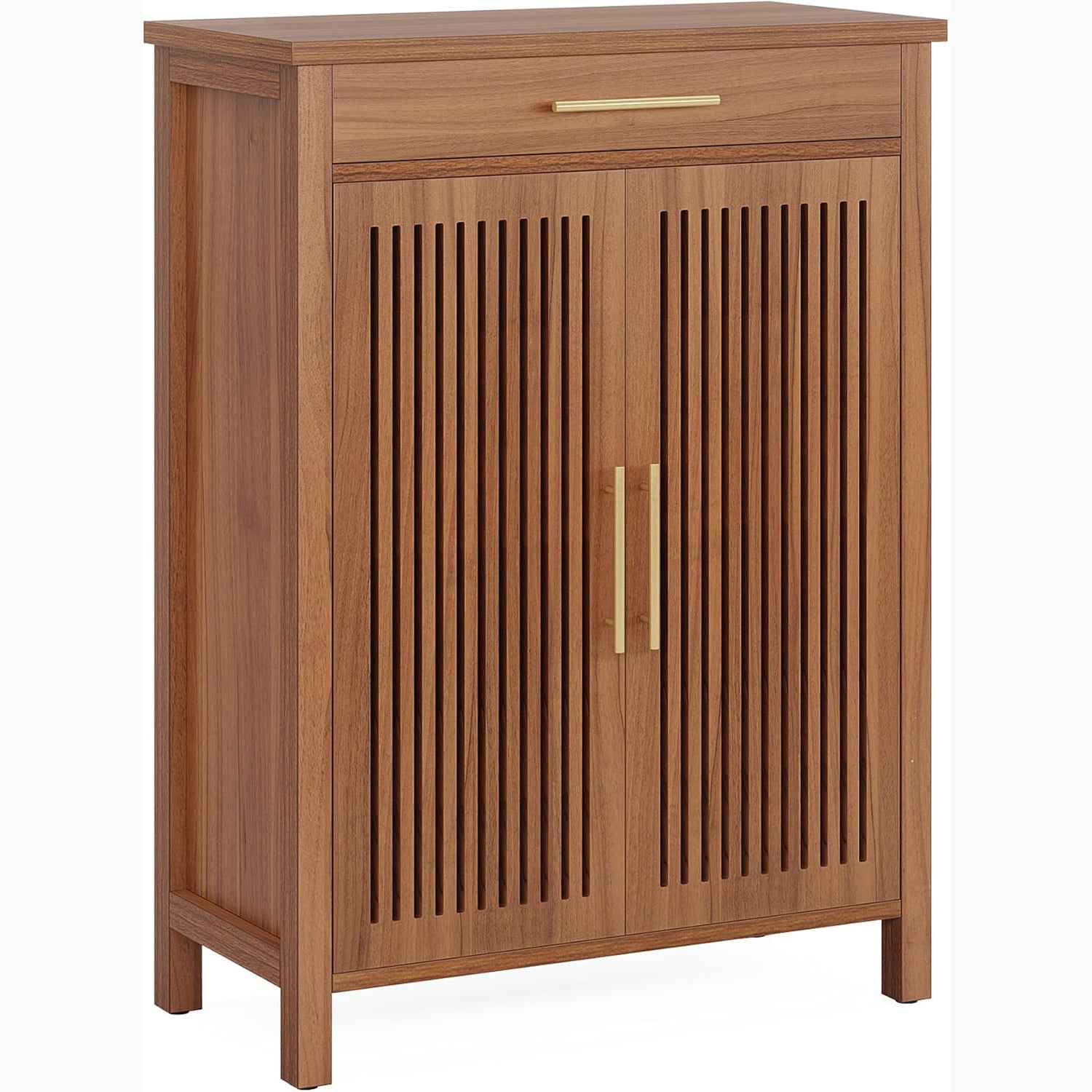 55" 5-Tier Shoe Cabinet - Louvered Door Storage Organizer with Drawer Shelves, Brown