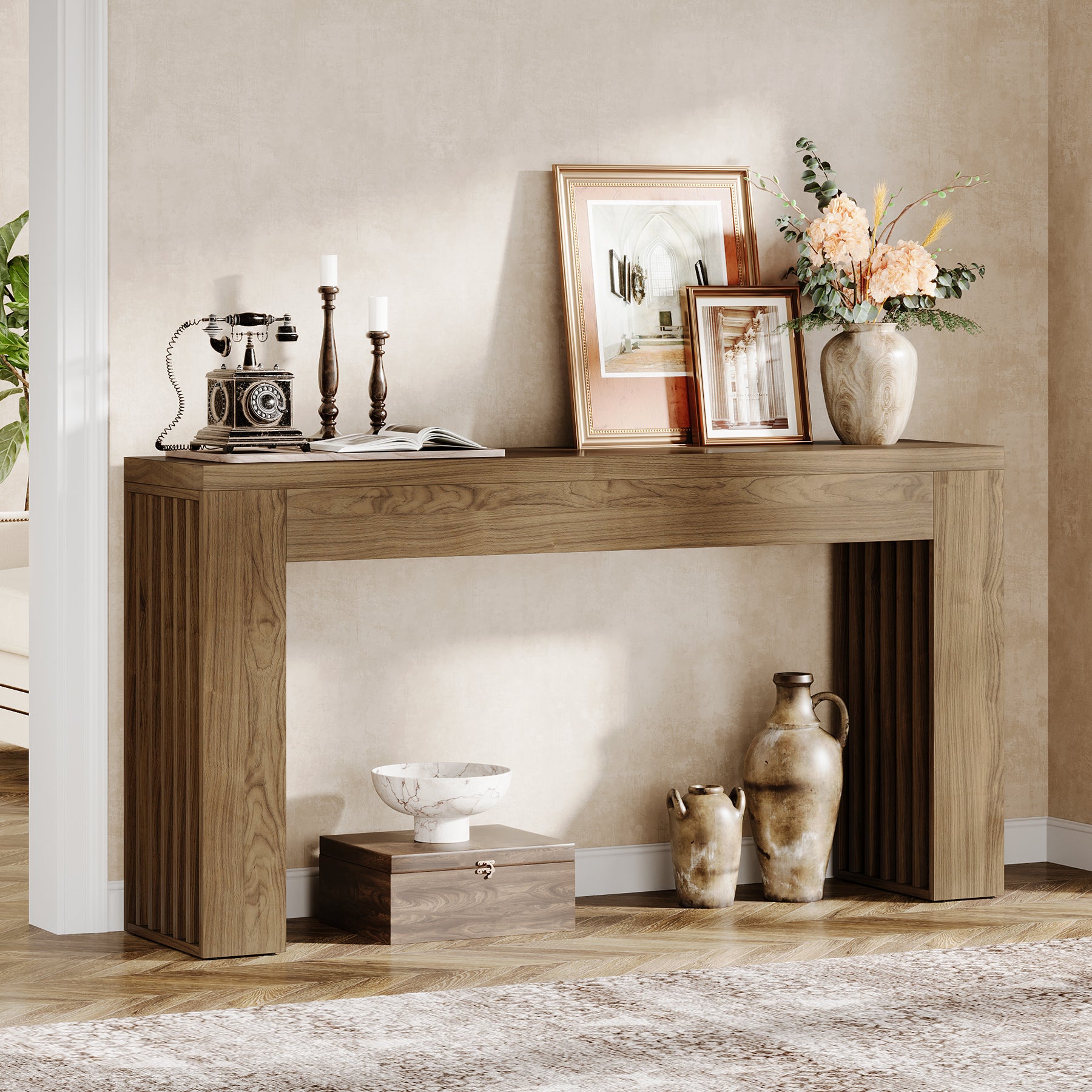 Tribesigns 59-Inch Console Table with Vertical Slat Legs and Wood Grain Finish, Farmhouse Sofa Table for Entryway Hallway and Living Room