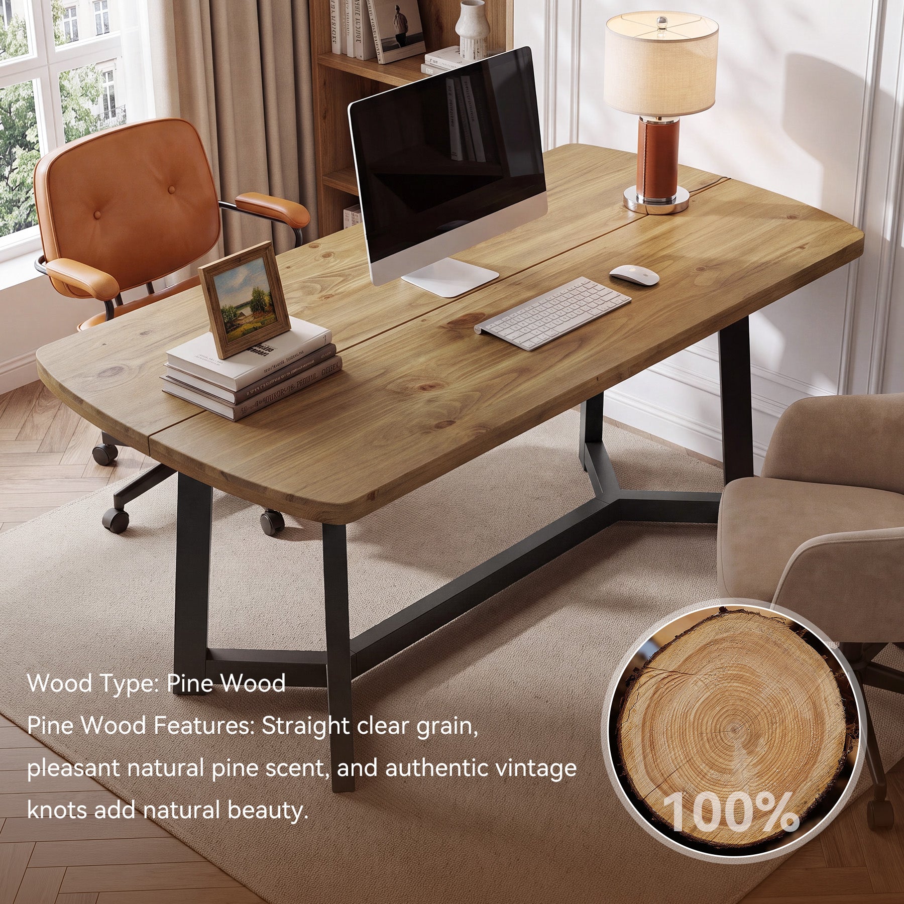 Tribesigns 63-Inch Solid Pine Wood Office Desk, Large Computer Desk with Metal Frame for Home Office