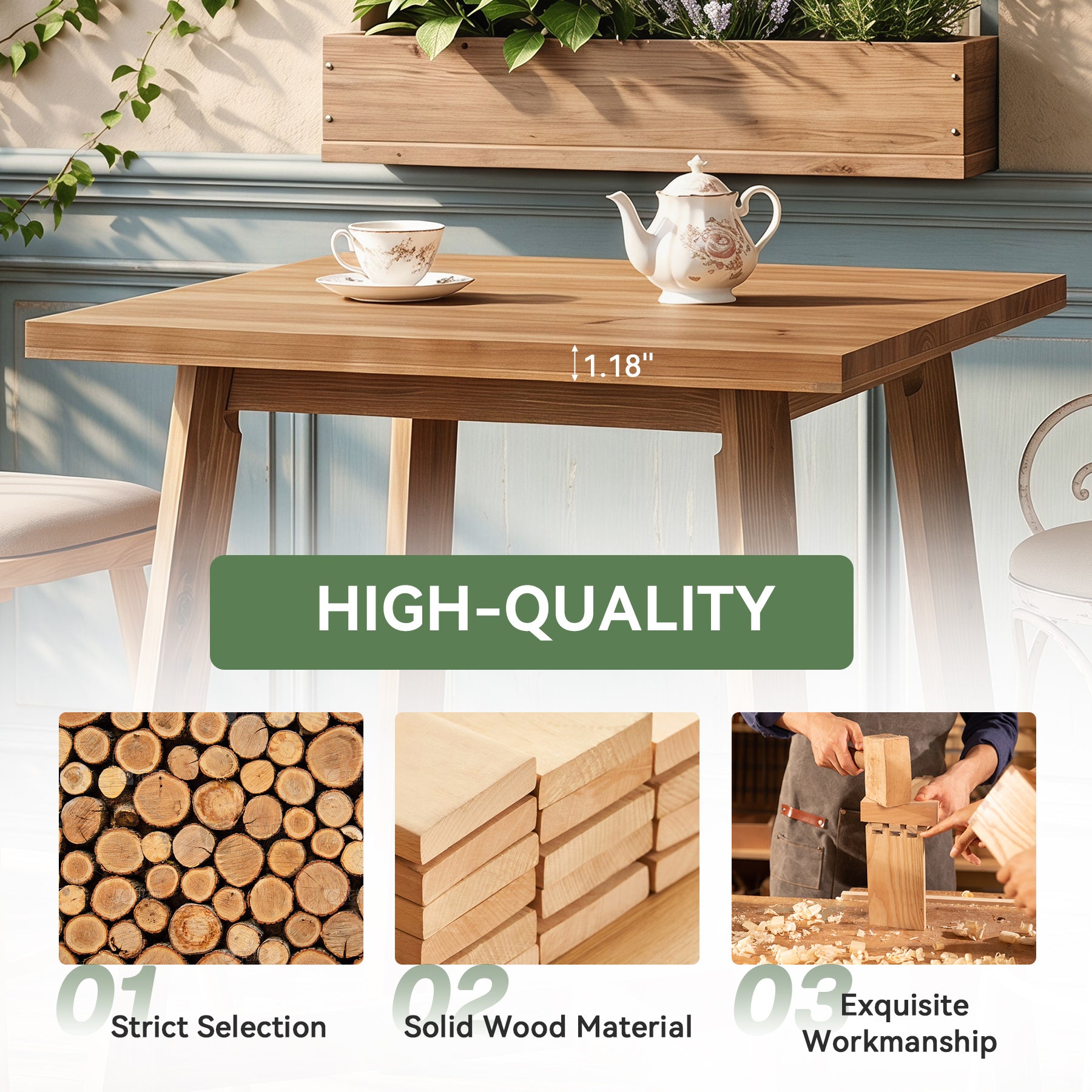 31.5-Inch Square Solid Wood Bar Table with Footrest, Farmhouse Counter Height Bistro Table