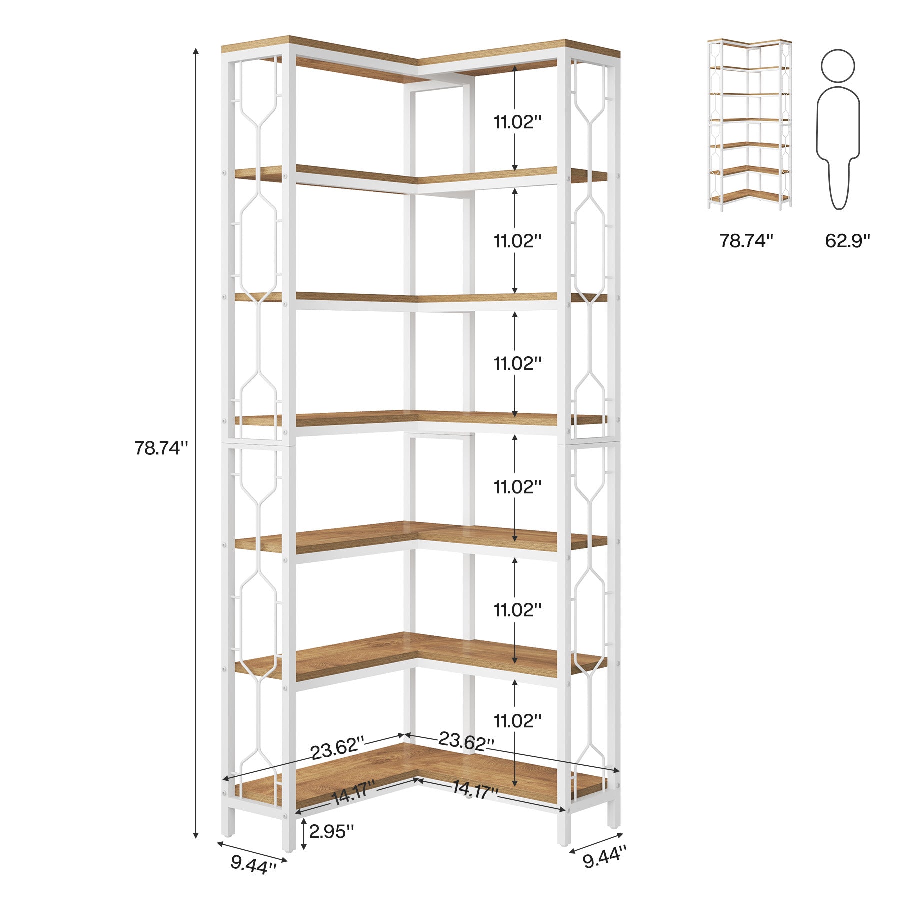 78.7-Inch 7-Tier Corner Bookcase with Hexagon-Pattern Side Panels, Tall Display Unit for Living Room