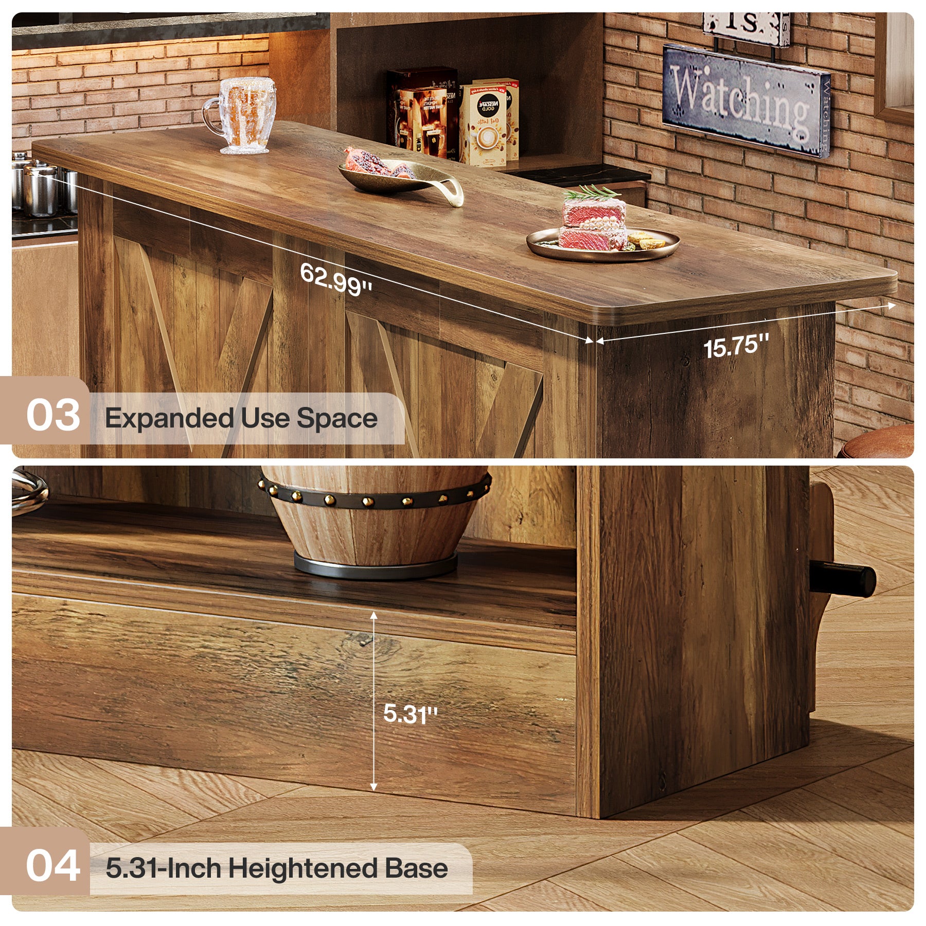 63-Inch Bar Table with 2-Tier Storage Shelves and Metal Footrest for Bistro and Basement Bar