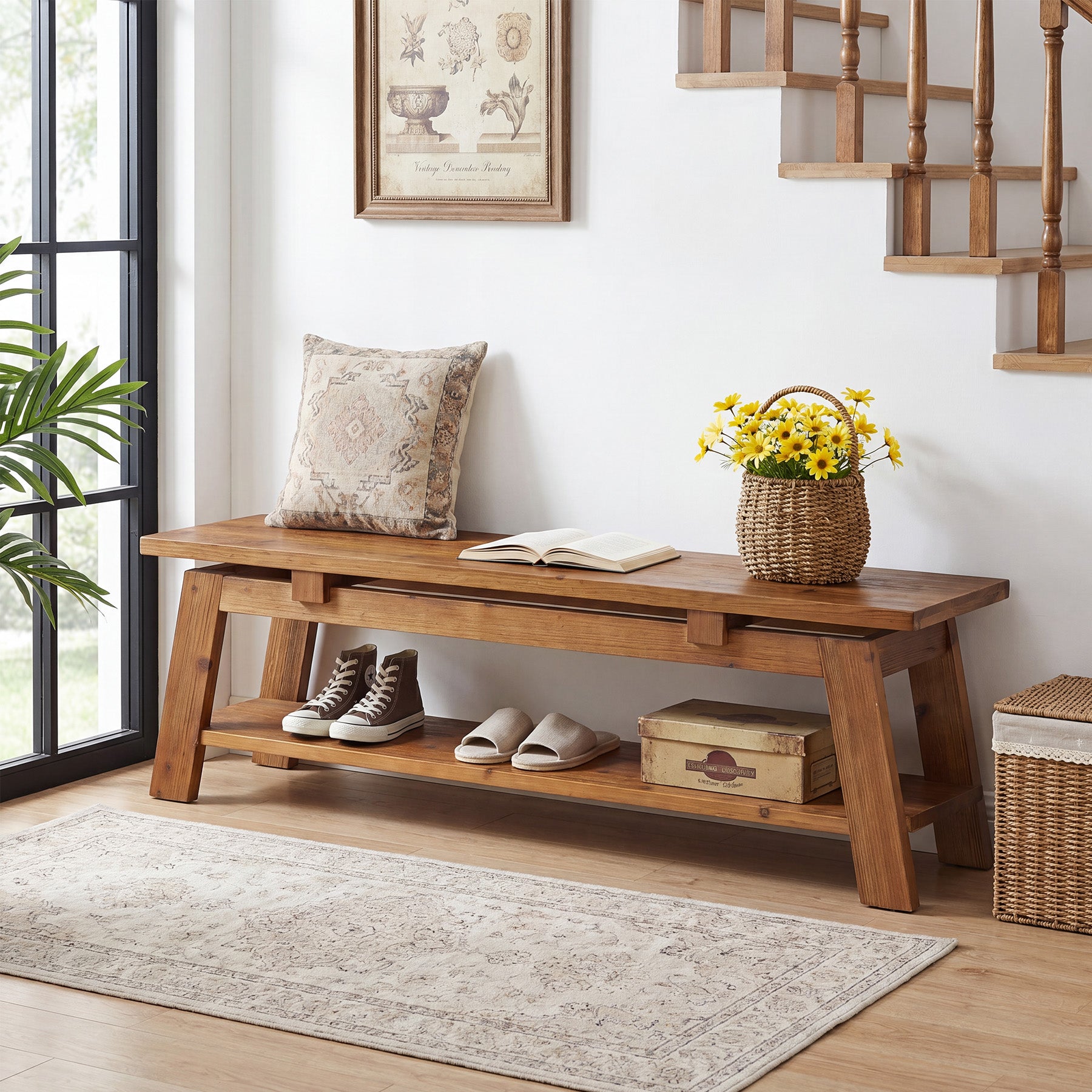 55-Inch Solid Wood Shoe Storage Bench with Lower Shelf, Farmhouse Entryway Seating for Hallway