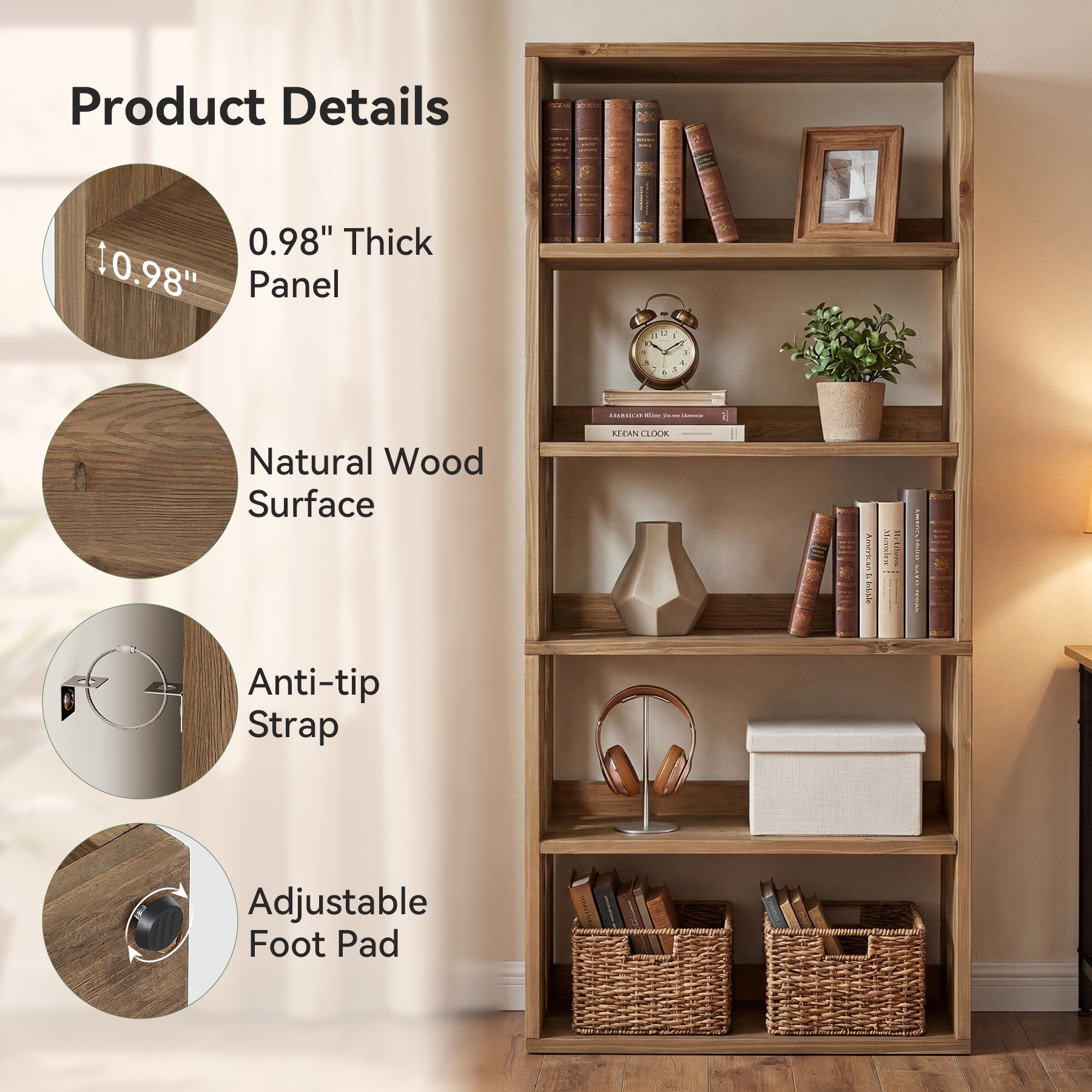 70.8 Inch Solid Wood Bookshelf, 5 Tier Rustic Bookcase with Display Storage for Home