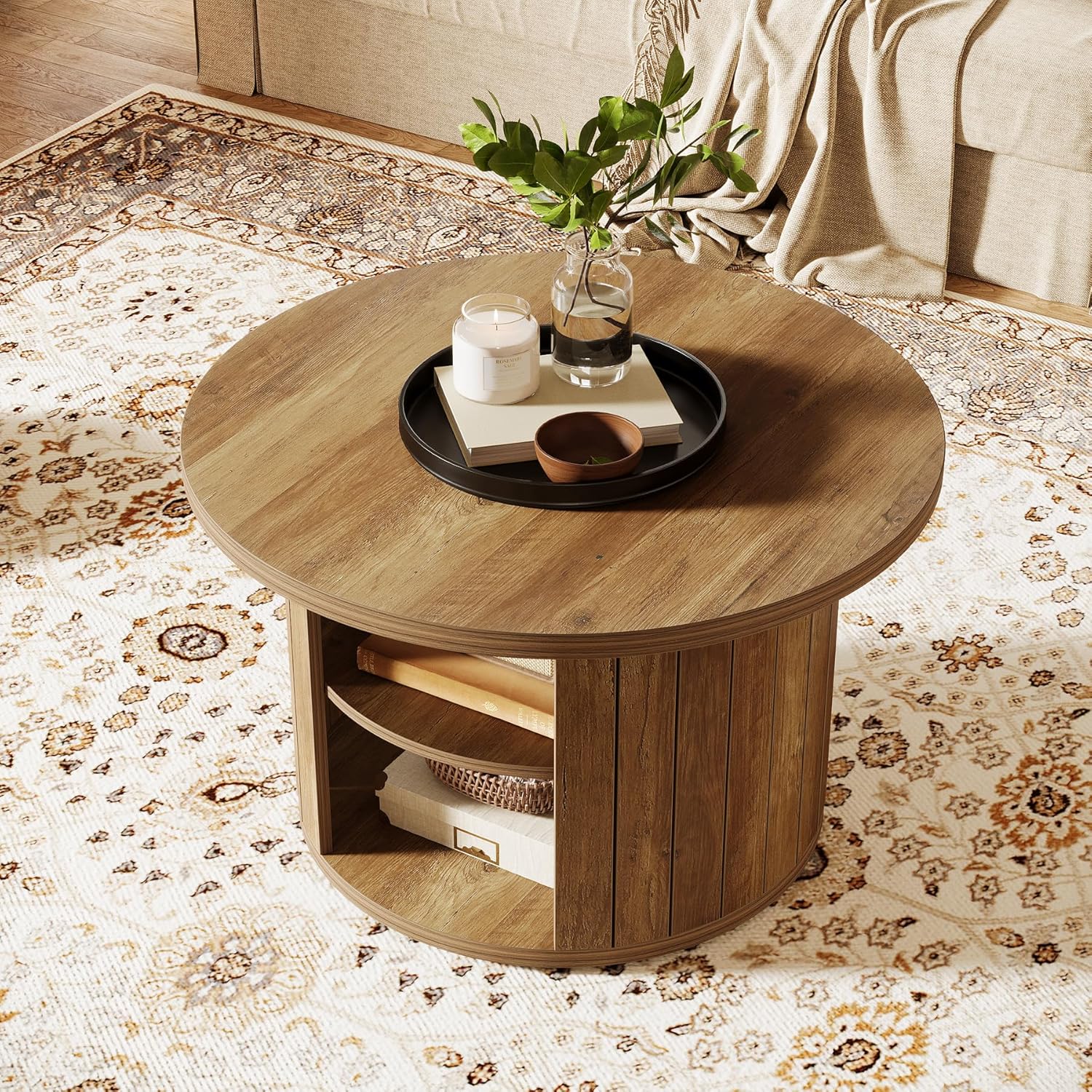 31.5" Round Rustic Storage Coffee Table - Small Circle Center Table with Shelf for Living Room
