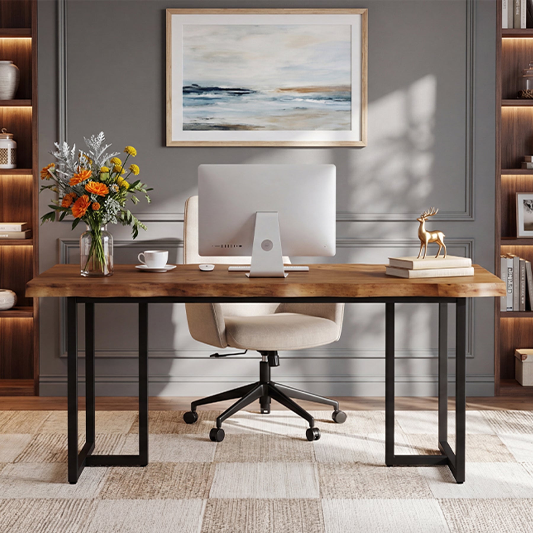Tribesigns 63-Inch Solid Wood Home Office Desk with Live-Edge Inspired Top, Industrial Writing Desk with Metal Frame for Study and Work
