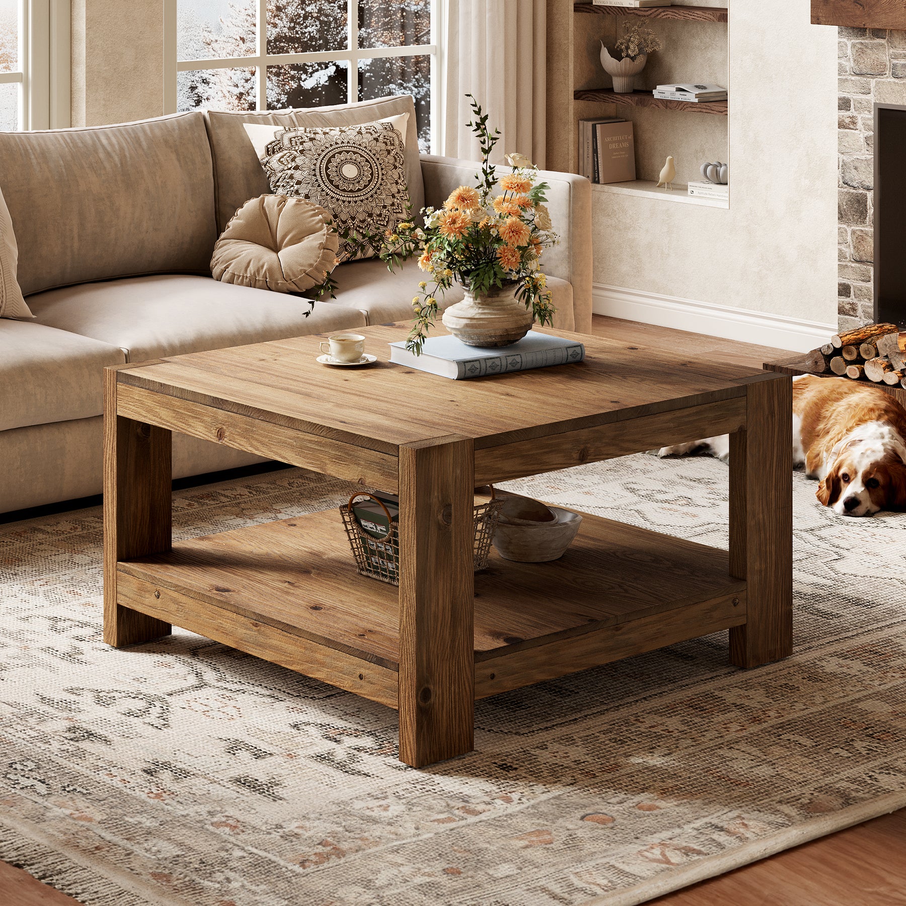 Tribesigns 31.5-Inch Square Farmhouse Coffee Table with Storage Shelf, Solid Wood Center Table for Living Room