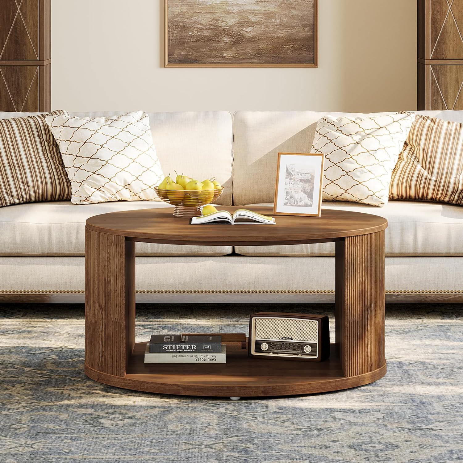 31.5" Round Mid-Century Coffee Table - Walnut Fluted Base with Storage for Small Spaces