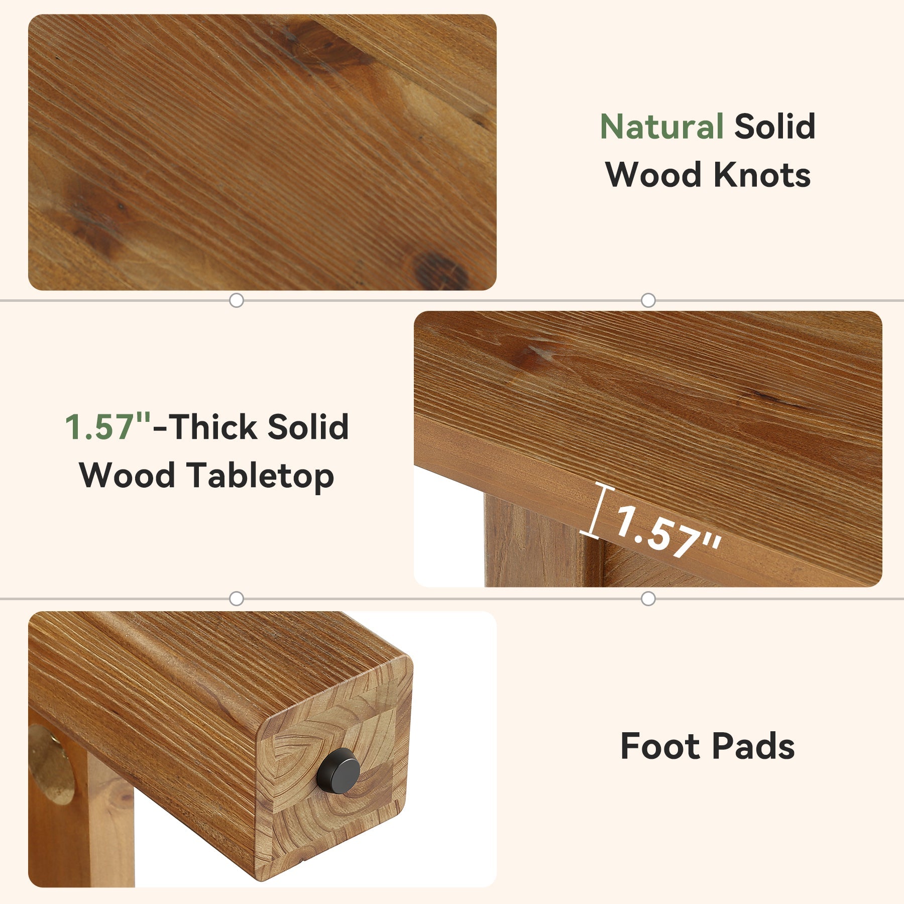 63-Inch Solid Wood 4-6 Seater Dining Table with Thick Top, Rectangular Farmhouse Table