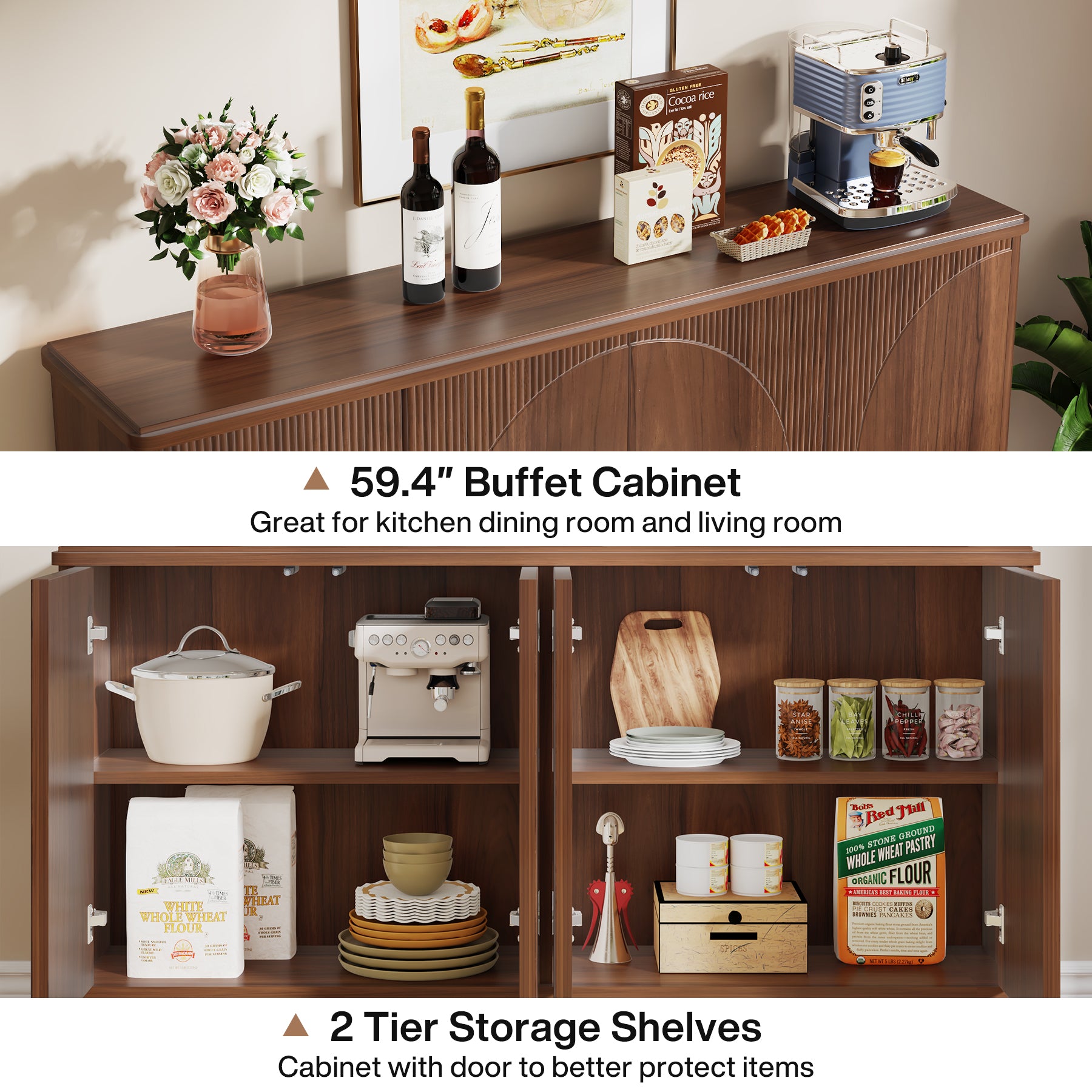 Tribesigns 59.4-Inch Modern Buffet Cabinet with Doors and 4-Tier Inner Shelves, Sideboard Storage Cabinet for Living Room Kitchen and Dining Room