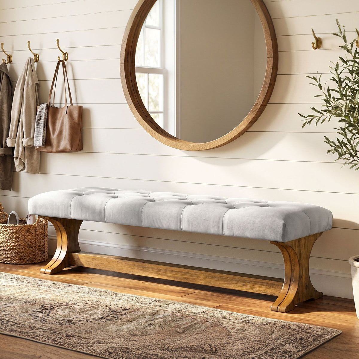 Tribesigns 55 Inch Upholstered End of Bed Bench with Tufted Cushion, Farmhouse Storage Bench for Bedroom and Living Room