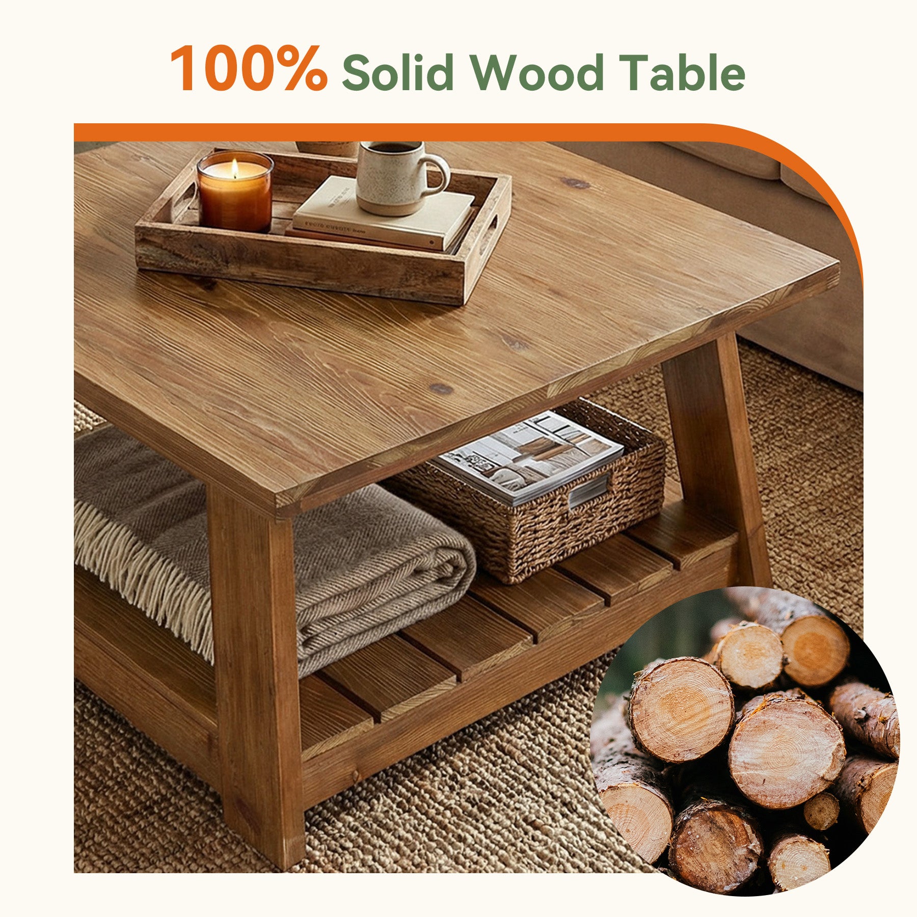 Tribesigns 31.5 Inch Solid Wood Square Coffee Table, Farmhouse Centre Table with Storage Shelf
