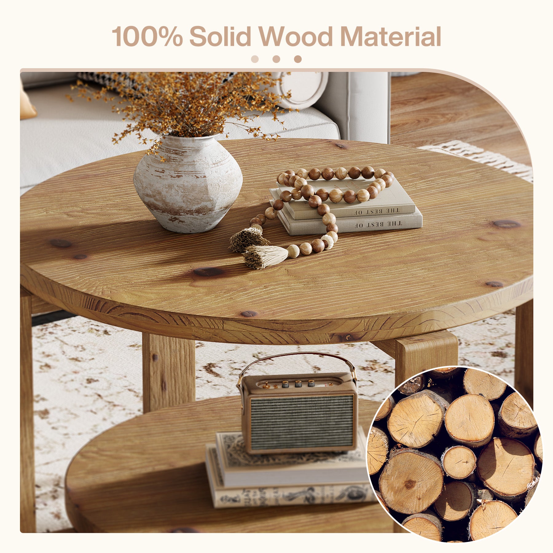 30" Solid Wood Round Coffee Table, Two-Tier Farmhouse Center Table with Natural Texture in Warm Brown