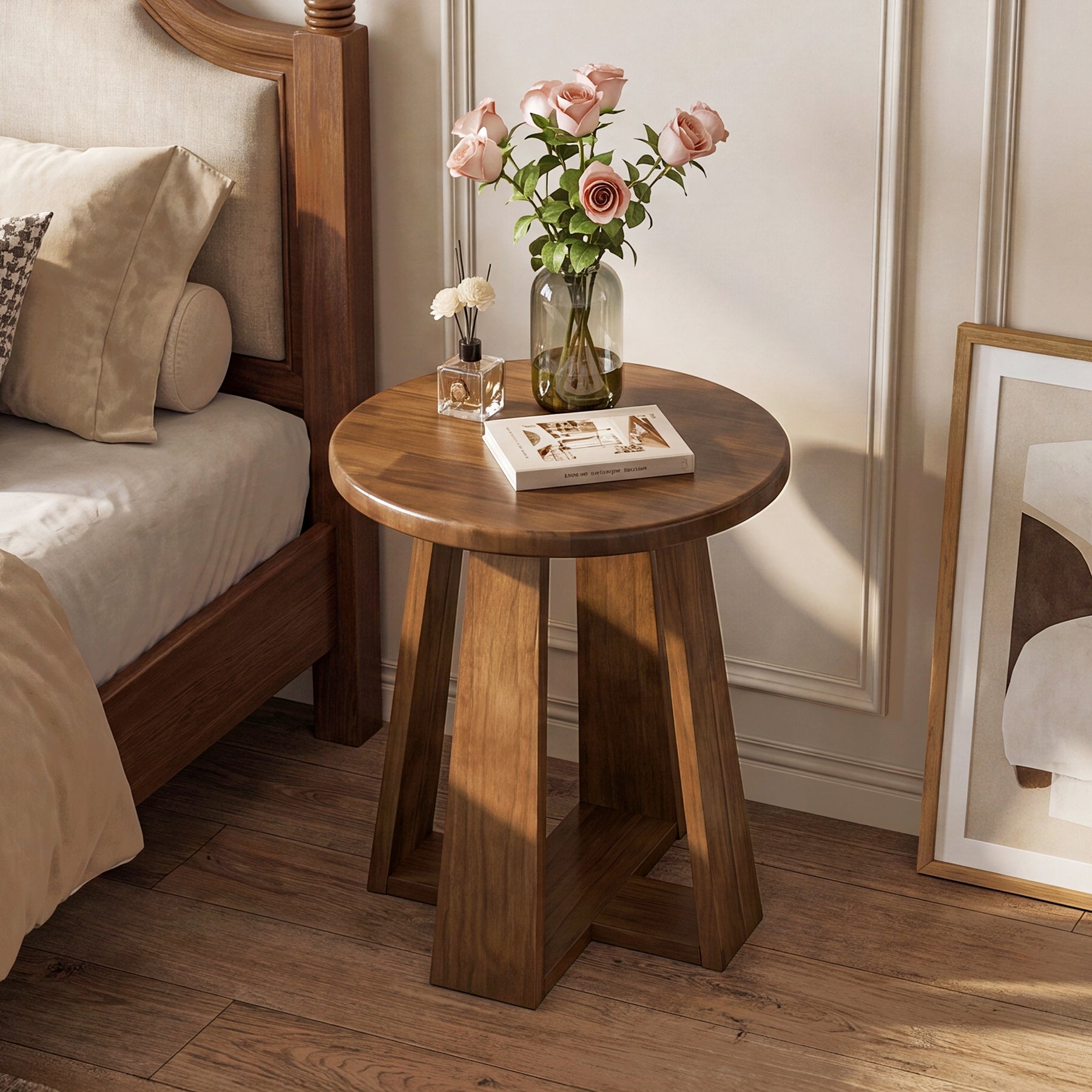 19.69 Inch Solid Wood Round End Table with Geometric Legs, Side Table for Living Room