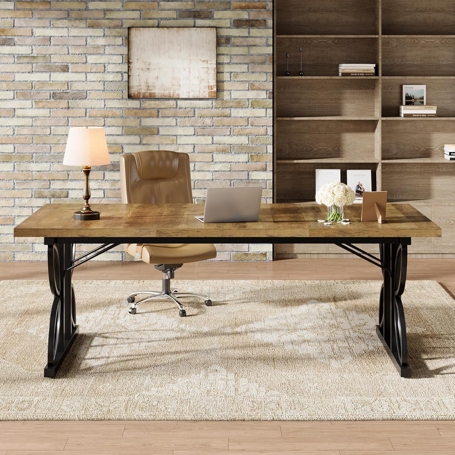 70.8" Industrial Computer Desk - Rustic Brown & Black Metal Frame Workstation