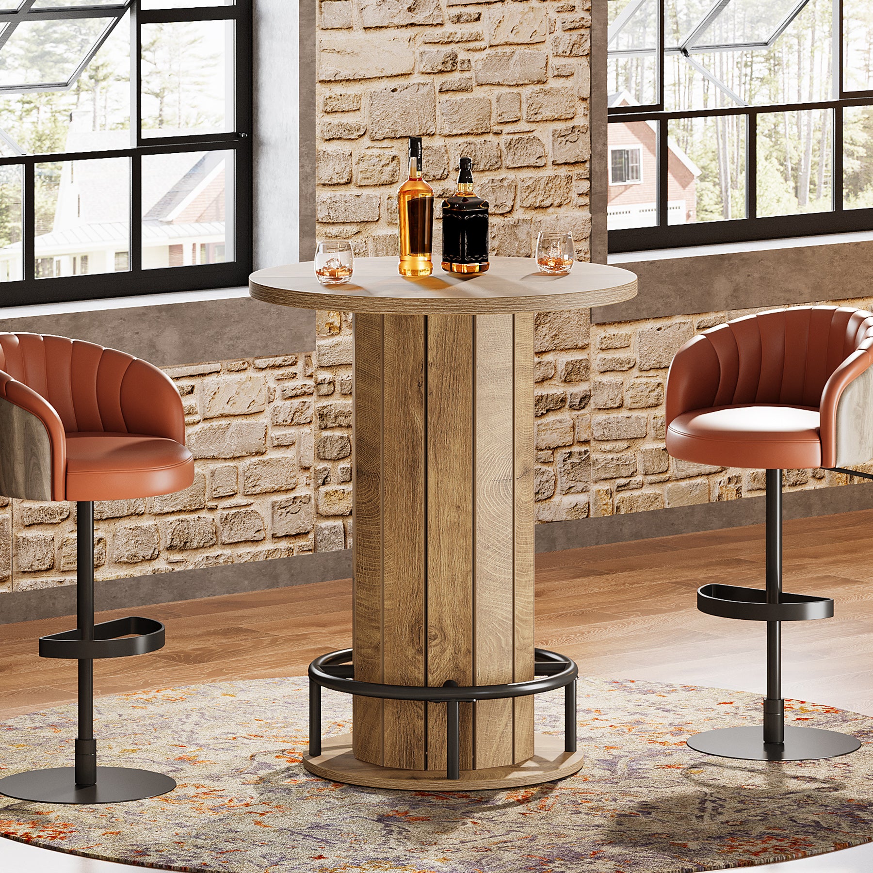 39.4" Round Wood Bar Table, Metal Ring Footrest for Dining & Living