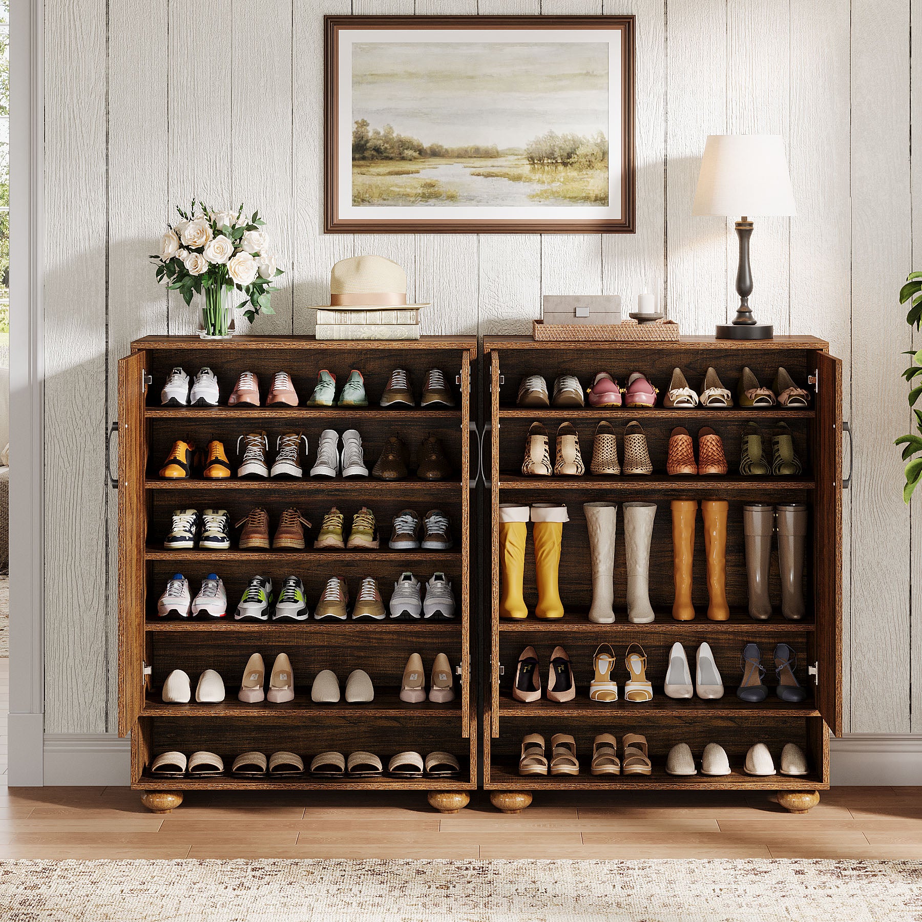 Tribesigns 31.5-Inch Solid Wood Shoe Cabinet for Entryway, Farmhouse Tall Shoe Storage Cabinet with Doors and Adjustable Shelves for Hallway