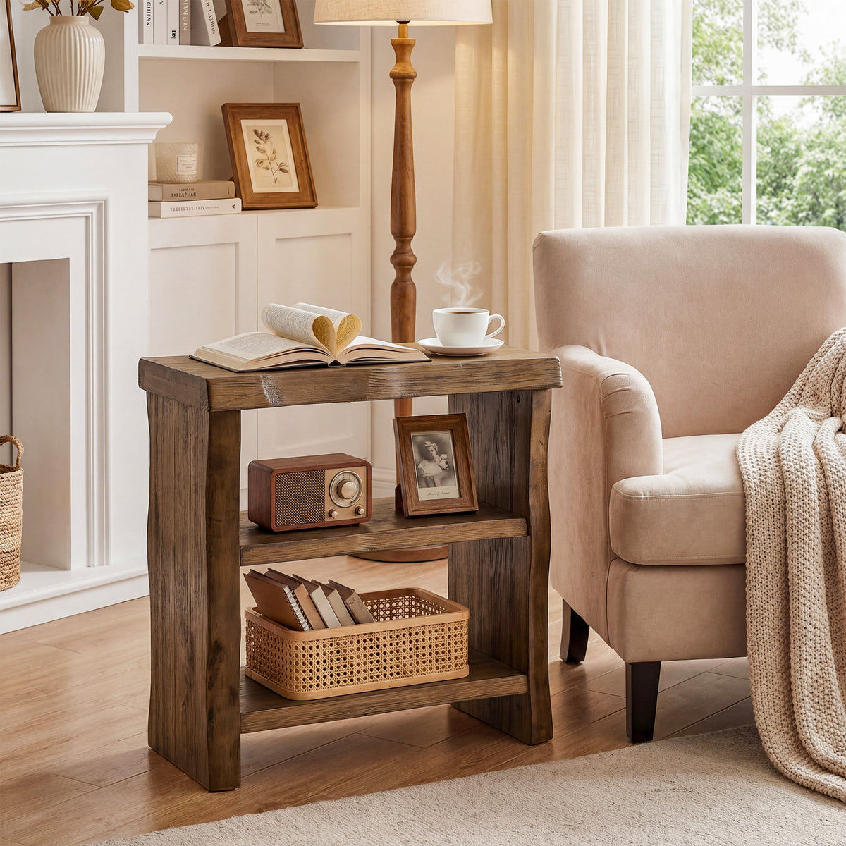 23.62 Inch Solid Wood End Table with 3-Tier Storage Shelves and Live-Edge Design, Narrow Side Table for Living Room
