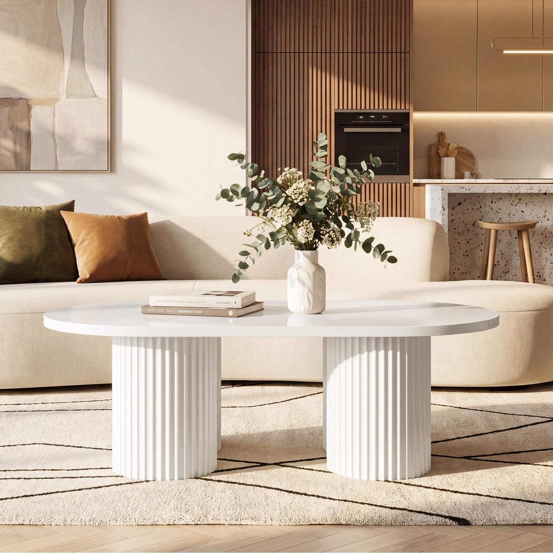 Tribesigns 47-Inch Oval Coffee Table with Fluted Design, Modern White Center Table for Living Room and Office