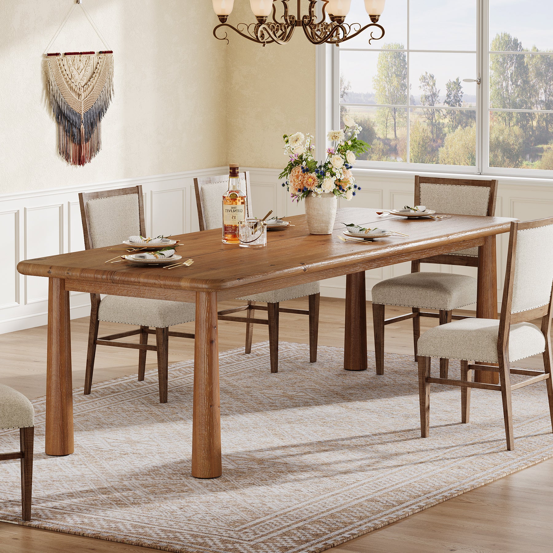 63-Inch Solid Wood Dining Table for 4 to 6 People, Farmhouse Rectangular Kitchen Table with 400 lb Capacity for Dining Room and Kitchen