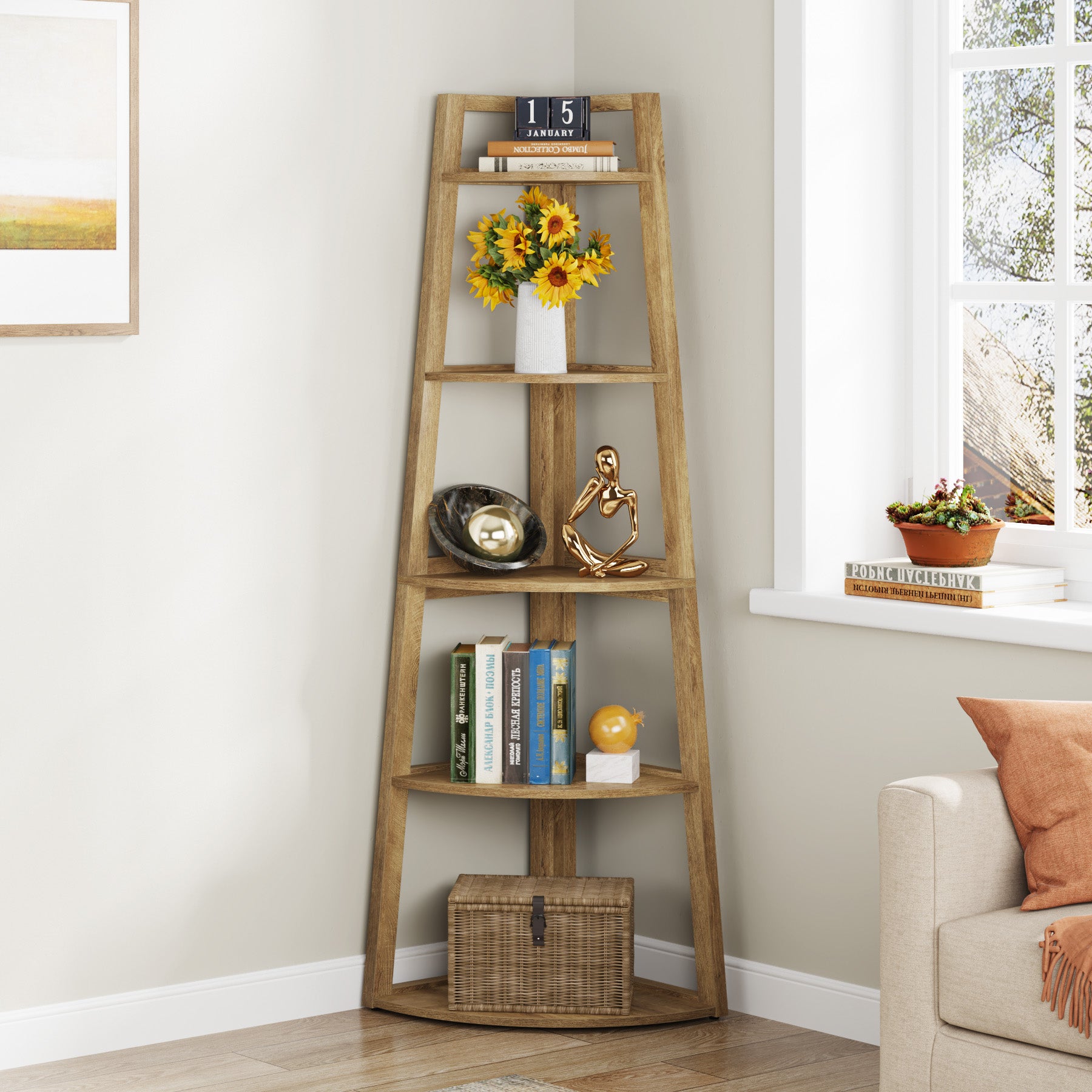 Tribesigns 70-Inch Tall Corner Shelf 5-Tier Bookcase, Industrial Corner Ladder Shelf for Small Spaces