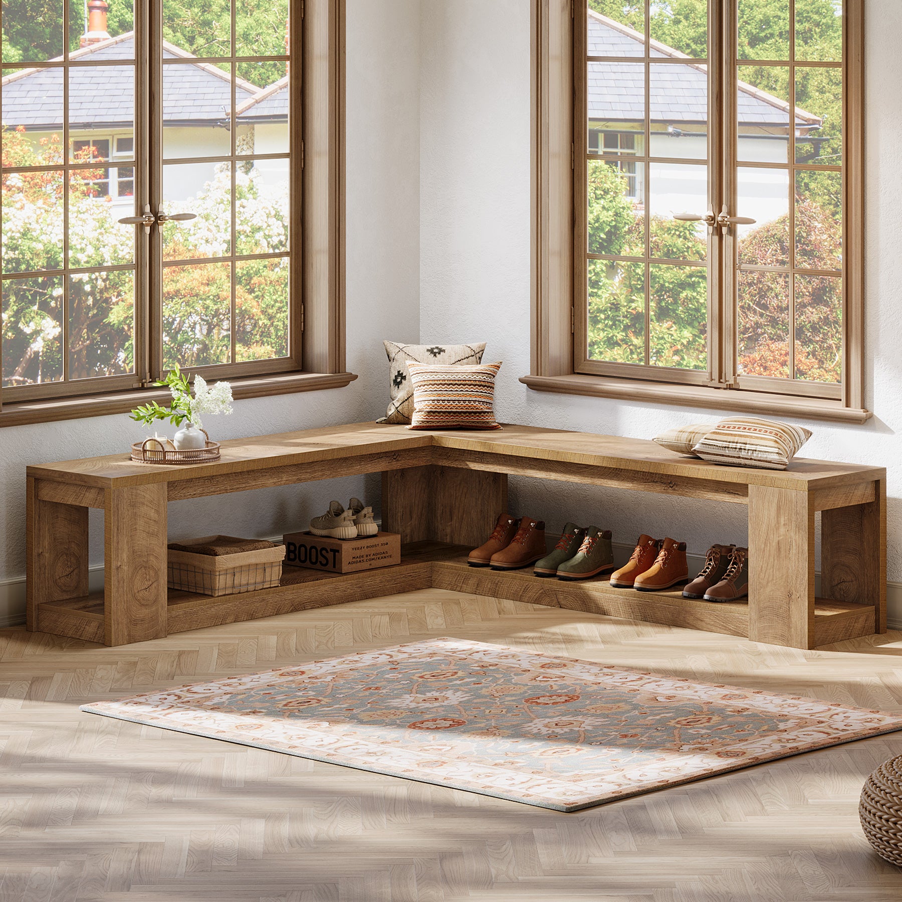 Tribesigns 61-Inch L-Shaped Shoe Bench with Storage, Farmhouse Corner Entryway Bench for Dining Room Living Room and Cloakroom