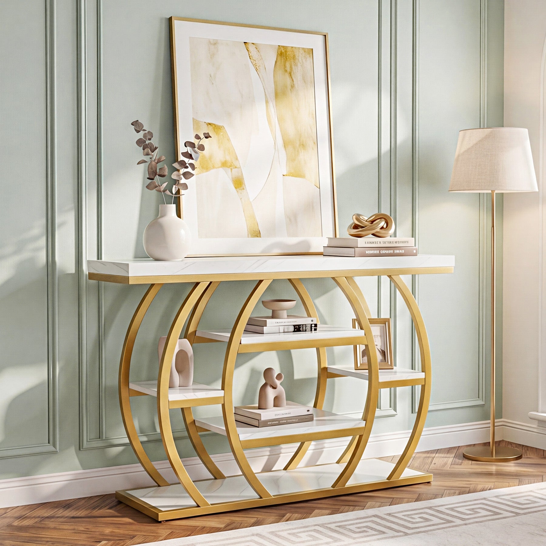 41.3-Inch Modern Console Table with 5-Tier Storage, Narrow Faux Marble Entryway Table for Living Room and Hallway