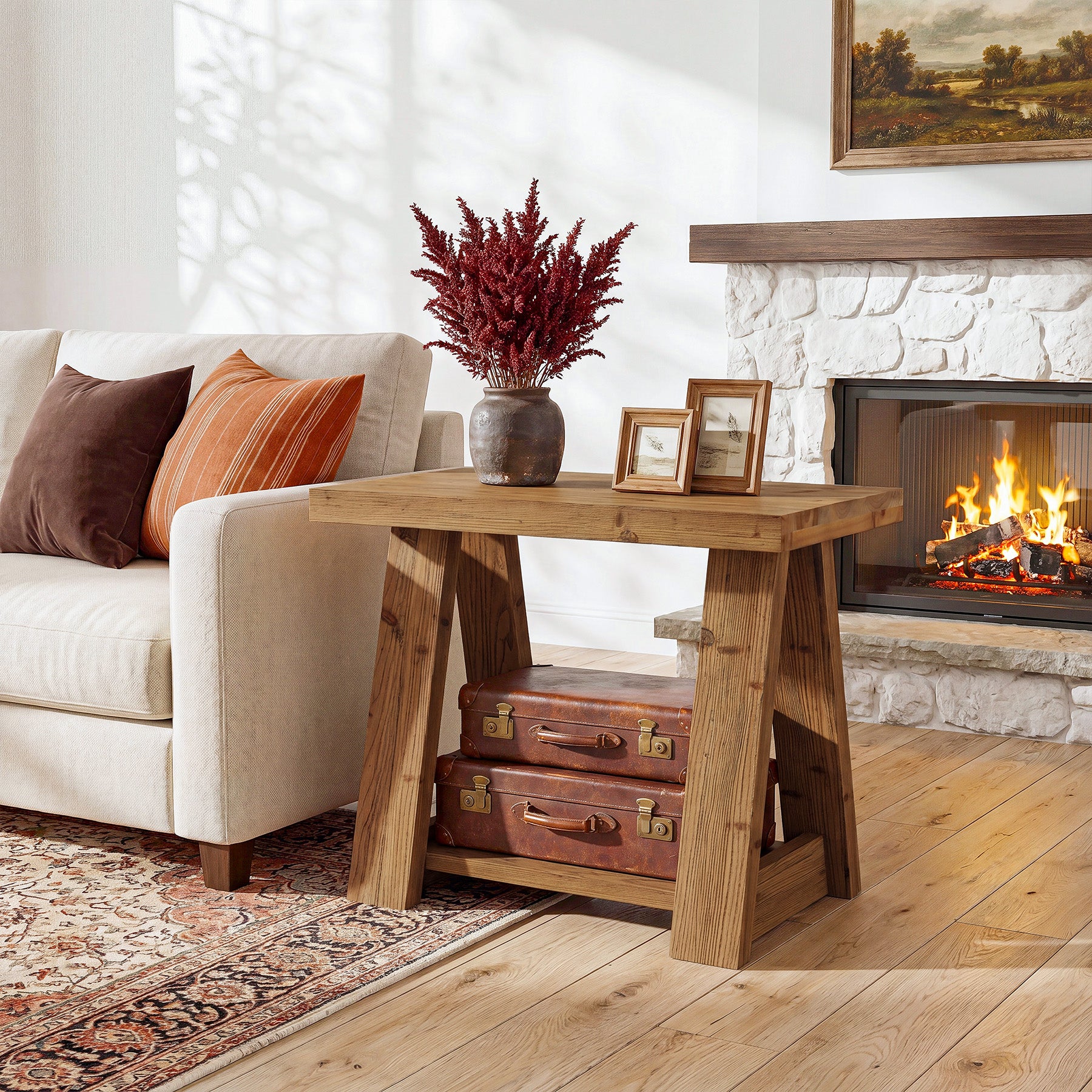 23.62 Inch Solid Wood End Table with 2-Tier Storage Shelves, Farmhouse Side Table for Living Room