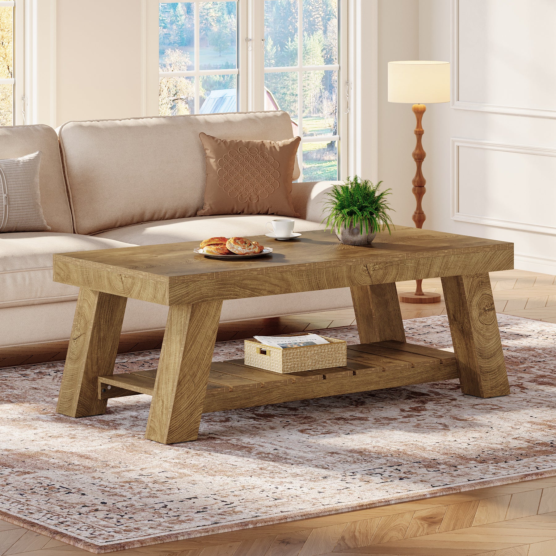 47.24-Inch Rectangular Coffee Table, Farmhouse Wood Center Table with 2-Tier Storage