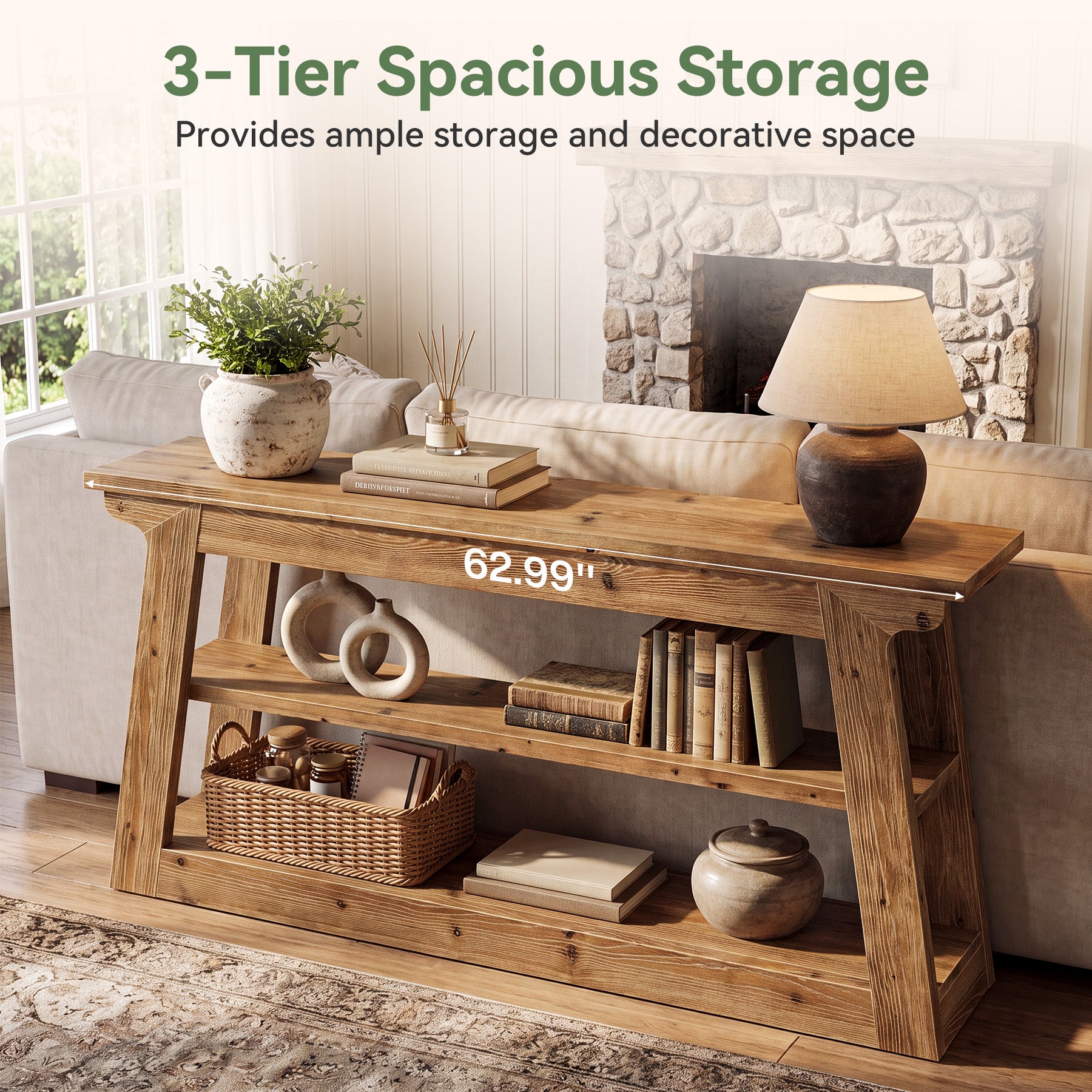 Tribesigns 63-Inch Solid Wood Console Table with 3-Tier Storage, Farmhouse Hallway Entry Table
