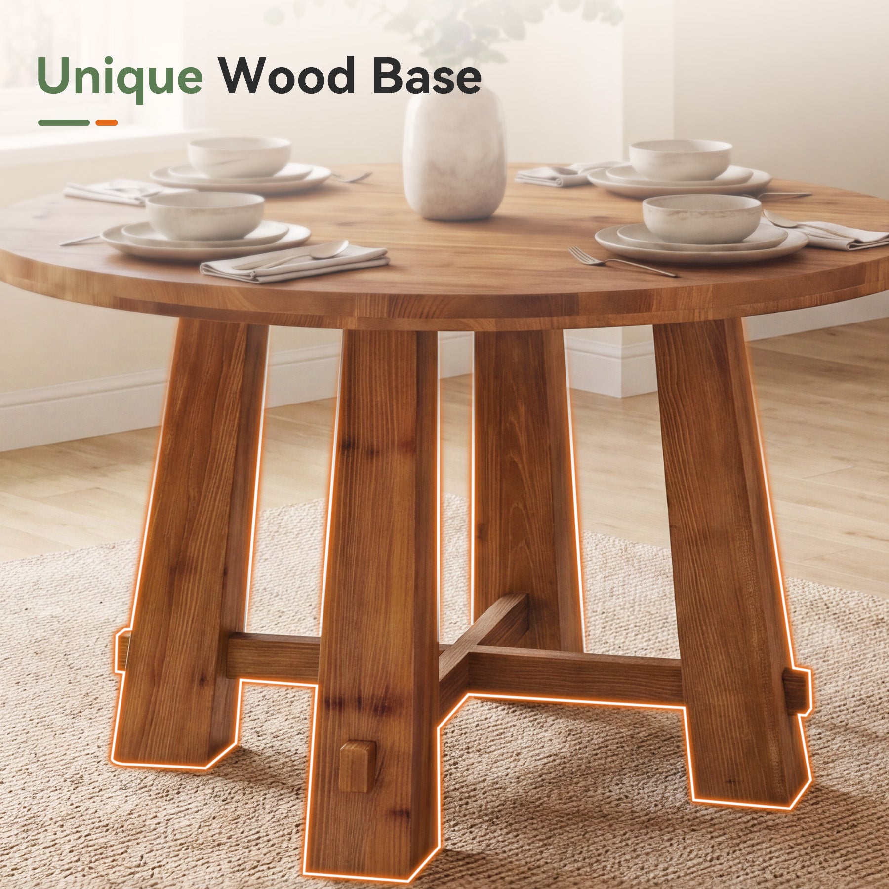 39.4 Inch Solid Wood Round Dining Table with Cross Base, Farmhouse Kitchen Table for 2-4