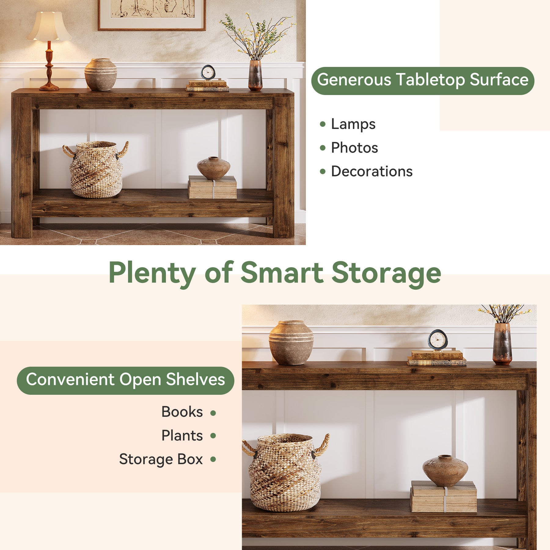 63" Console Table, Solid Wood Farmhouse Sofa Table with 2-Tier Storage