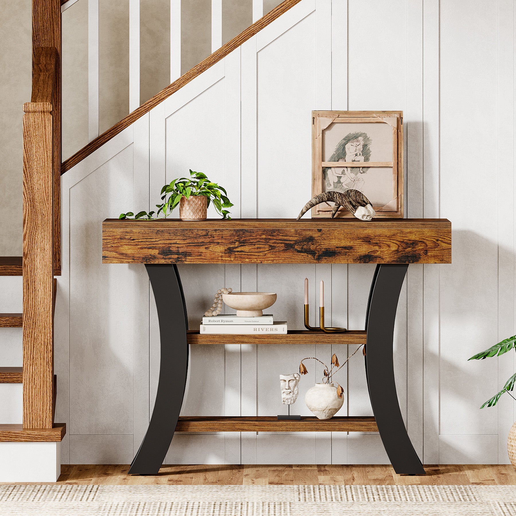 41.34" Rustic Console Table, 3-Tier Entryway Table with Curved Frame for Living Room