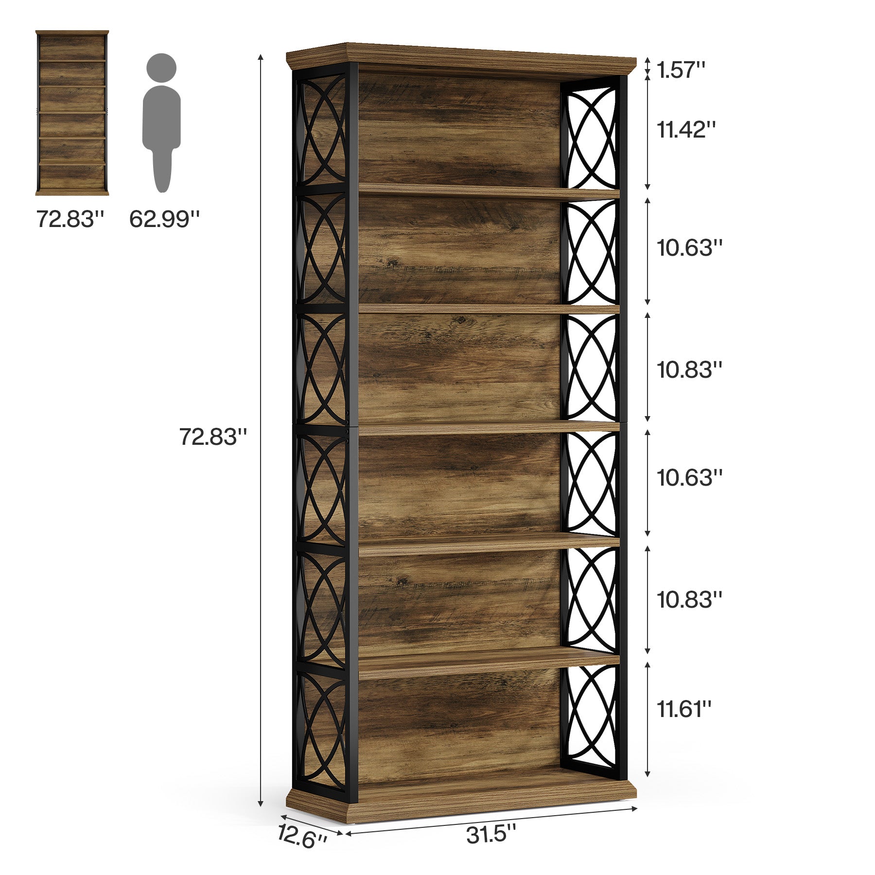 72.83-Inch Industrial Bookshelf with 320 lb Capacity, 6-Tier Wood and Metal Bookcase for Home Office