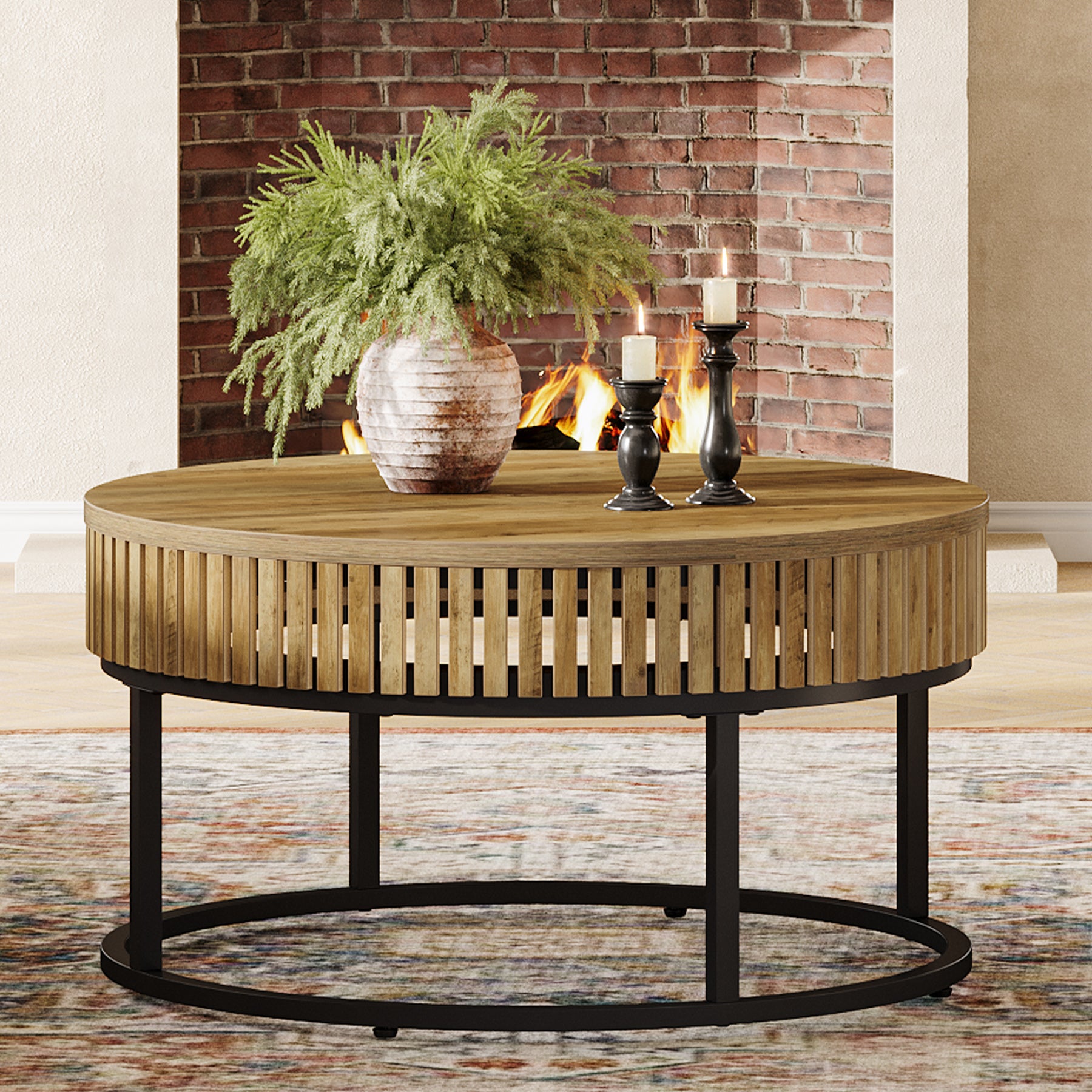 Tribesigns 31.5-Inch Round Coffee Table, Farmhouse Cocktail Table with Black Metal Legs for Living Room