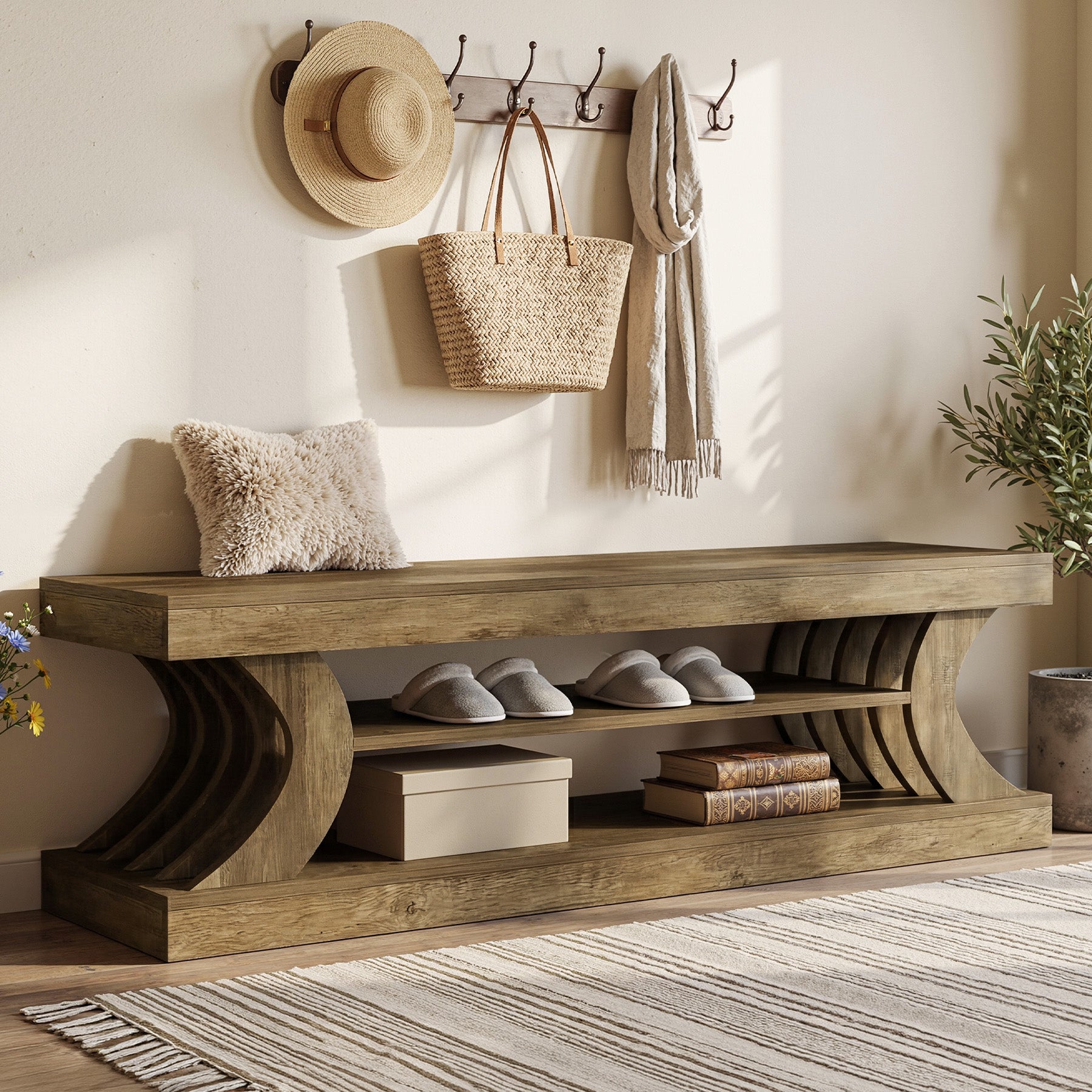 Tribesigns 63-Inch Entryway Shoe Bench with Open Storage, 3-Tier Bed Bench for Bedroom and Hallway