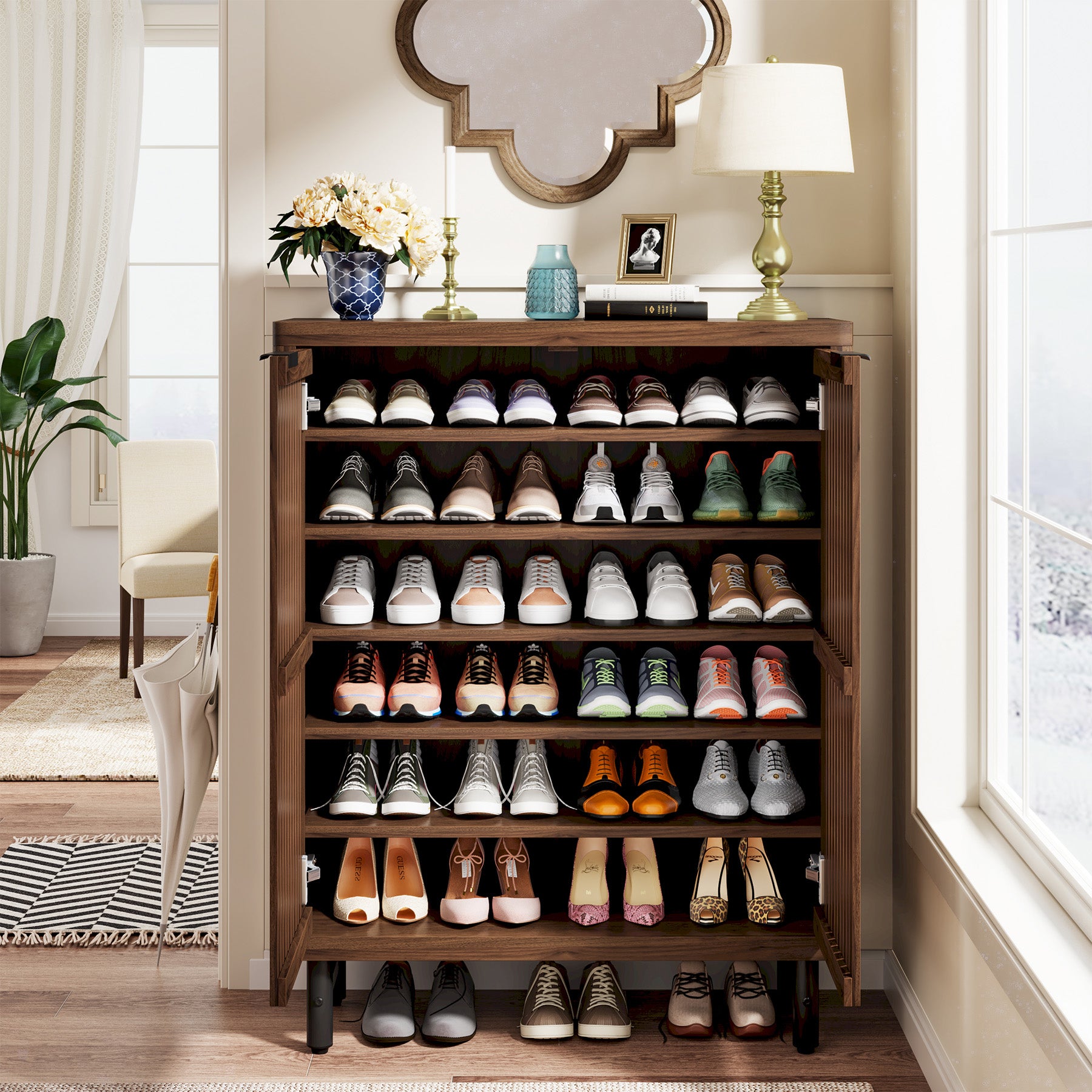 33.46-Inch 6-Tier Farmhouse Shoe Cabinet with Shutter Doors, Wooden Shoe Organizer with Adjustable Shelves for Entryway and Hallway