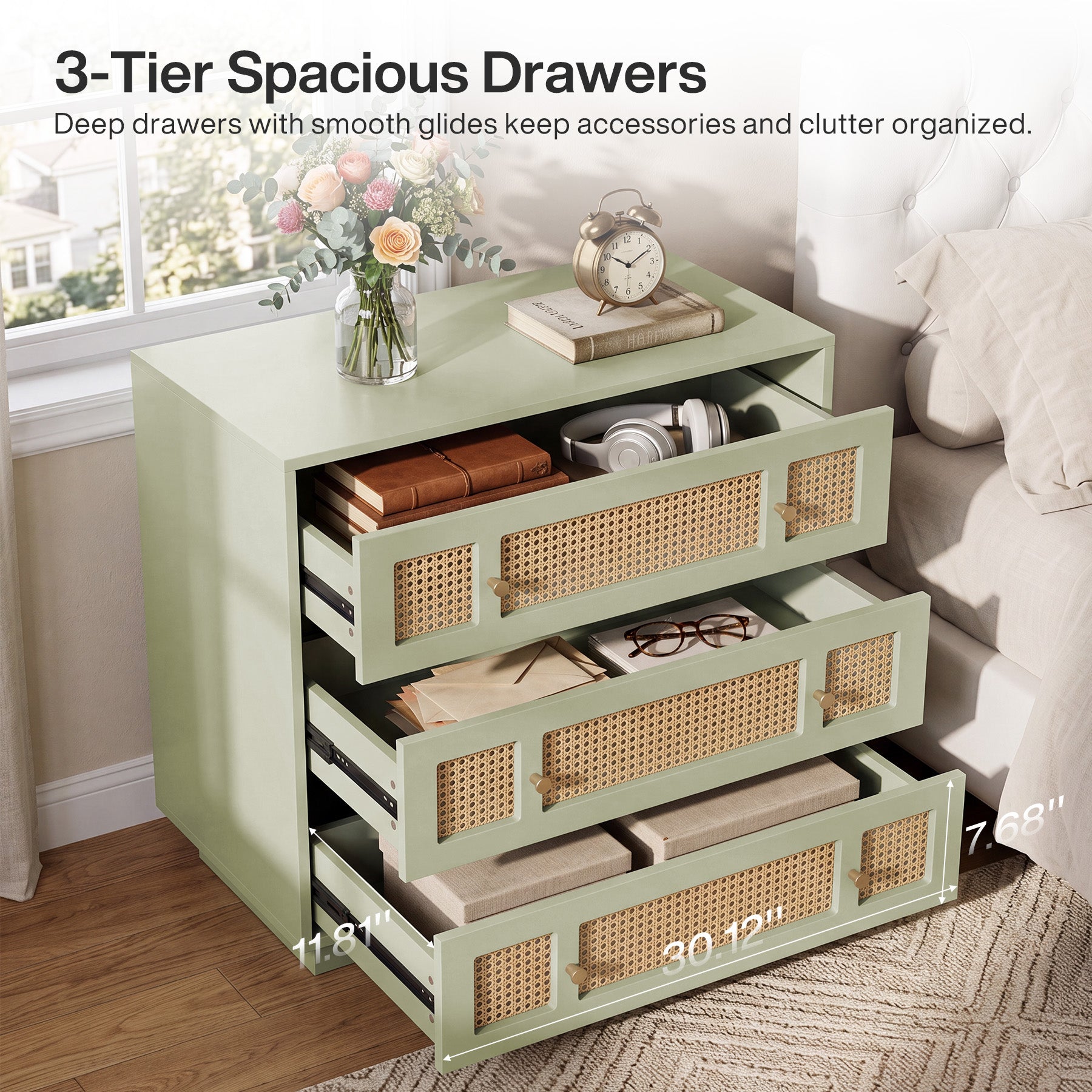 Tribesigns 31.5 Inch Rattan Nightstand with 3 Drawers, Oversized Bedside Table for Bedroom