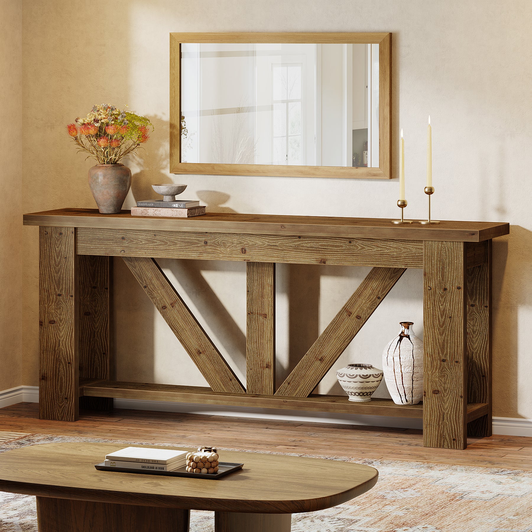 70.9-Inch Solid Wood Console Table with Triangular Base, 2-Tier Sofa Table for Hallway