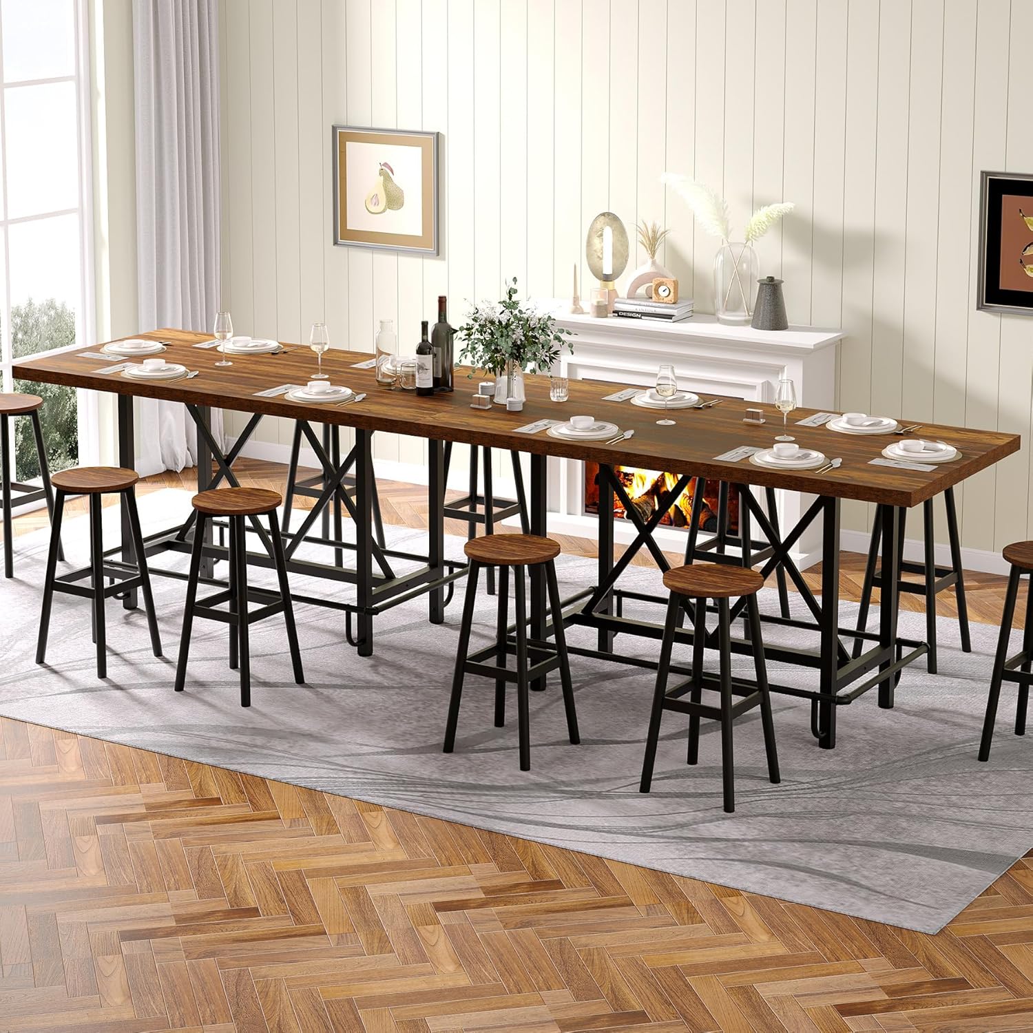 35" Counter Height Dining Table for 6 with Metal Footrest, Rectangular Rustic Brown