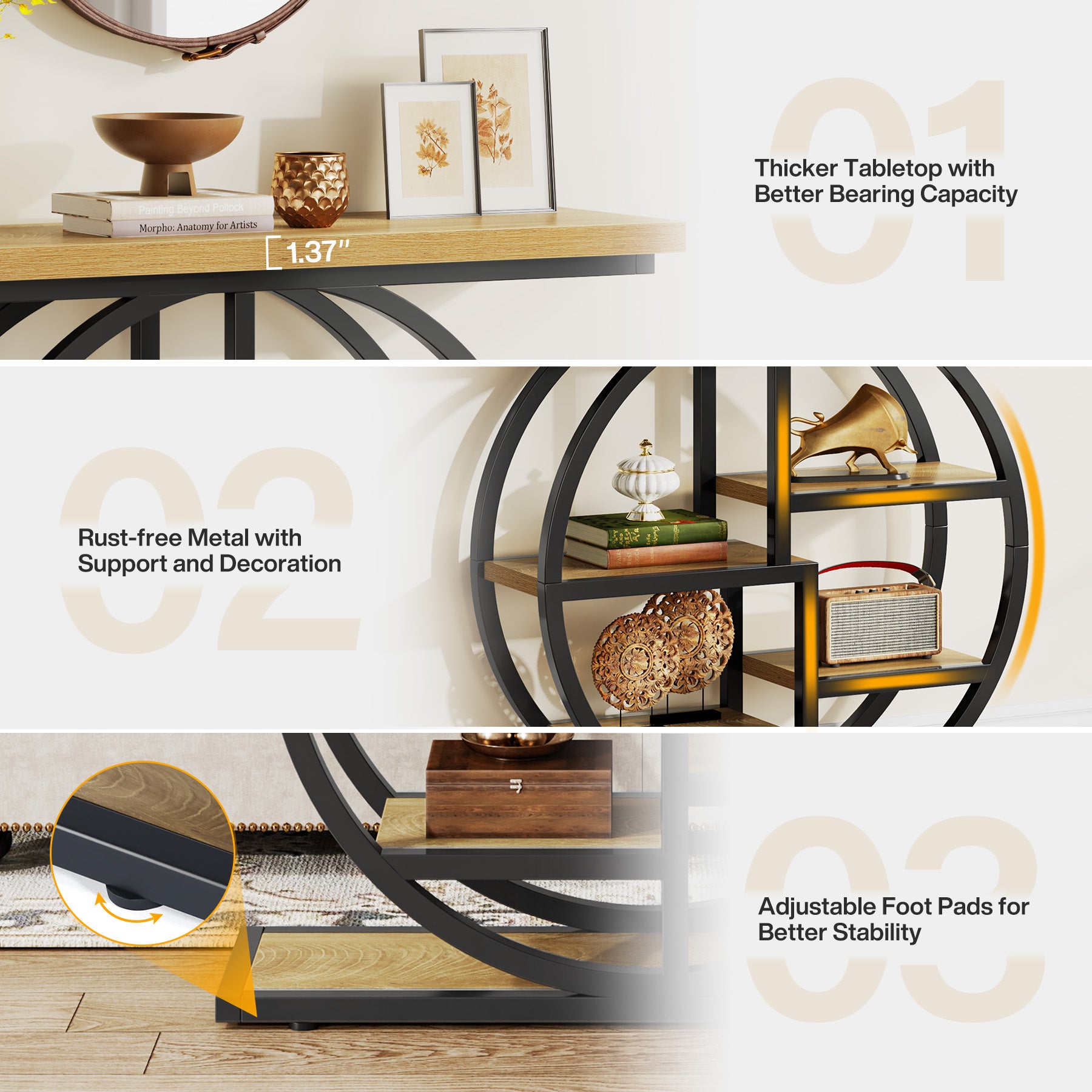 Tribesigns Industrial Console Table - 105cm Narrow 6-Tier Sofa Entryway Table with Circle Base, Storage Shelves