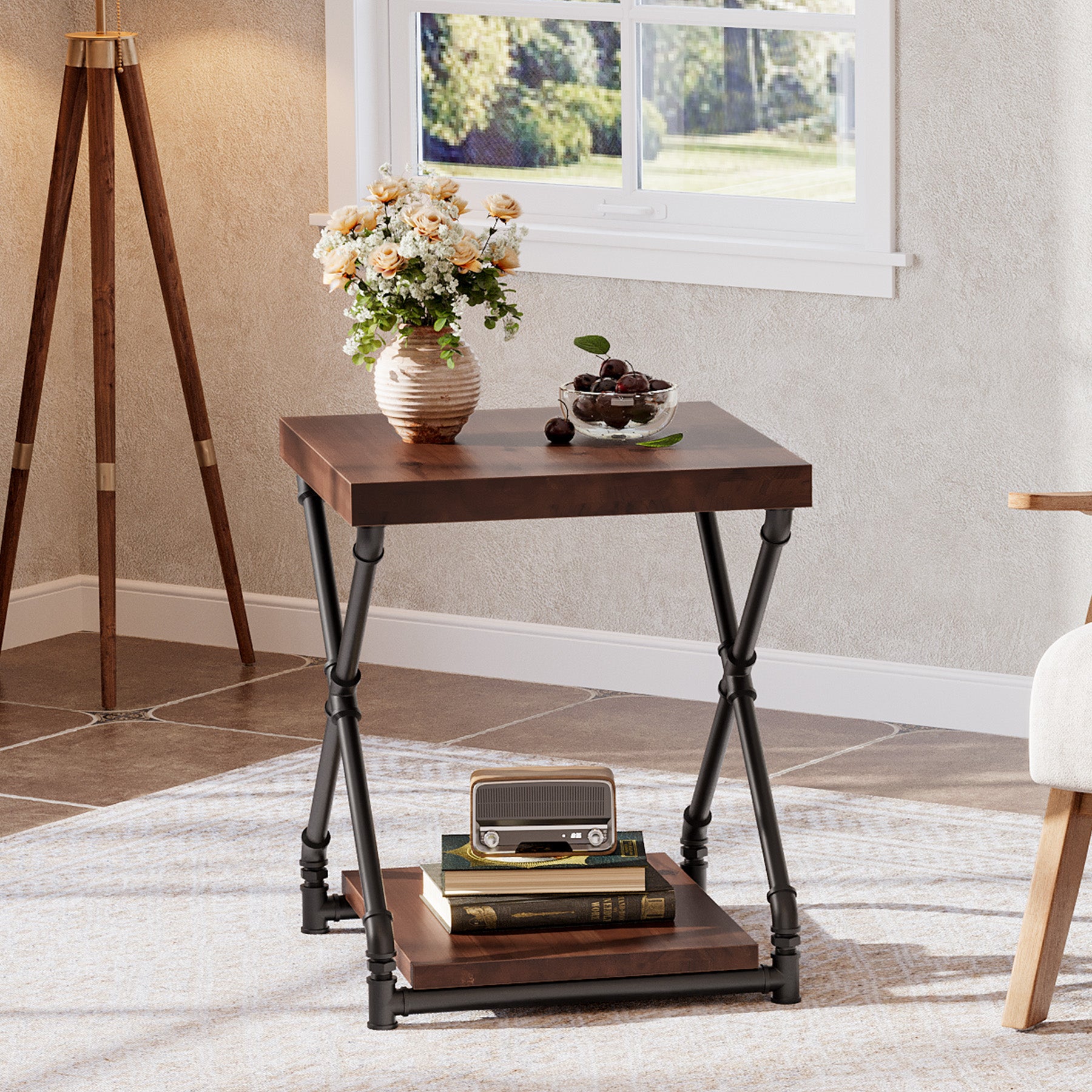 Solid Wood End Table with Storage Shelf and X-Shaped Legs, Small Wood Nightstand