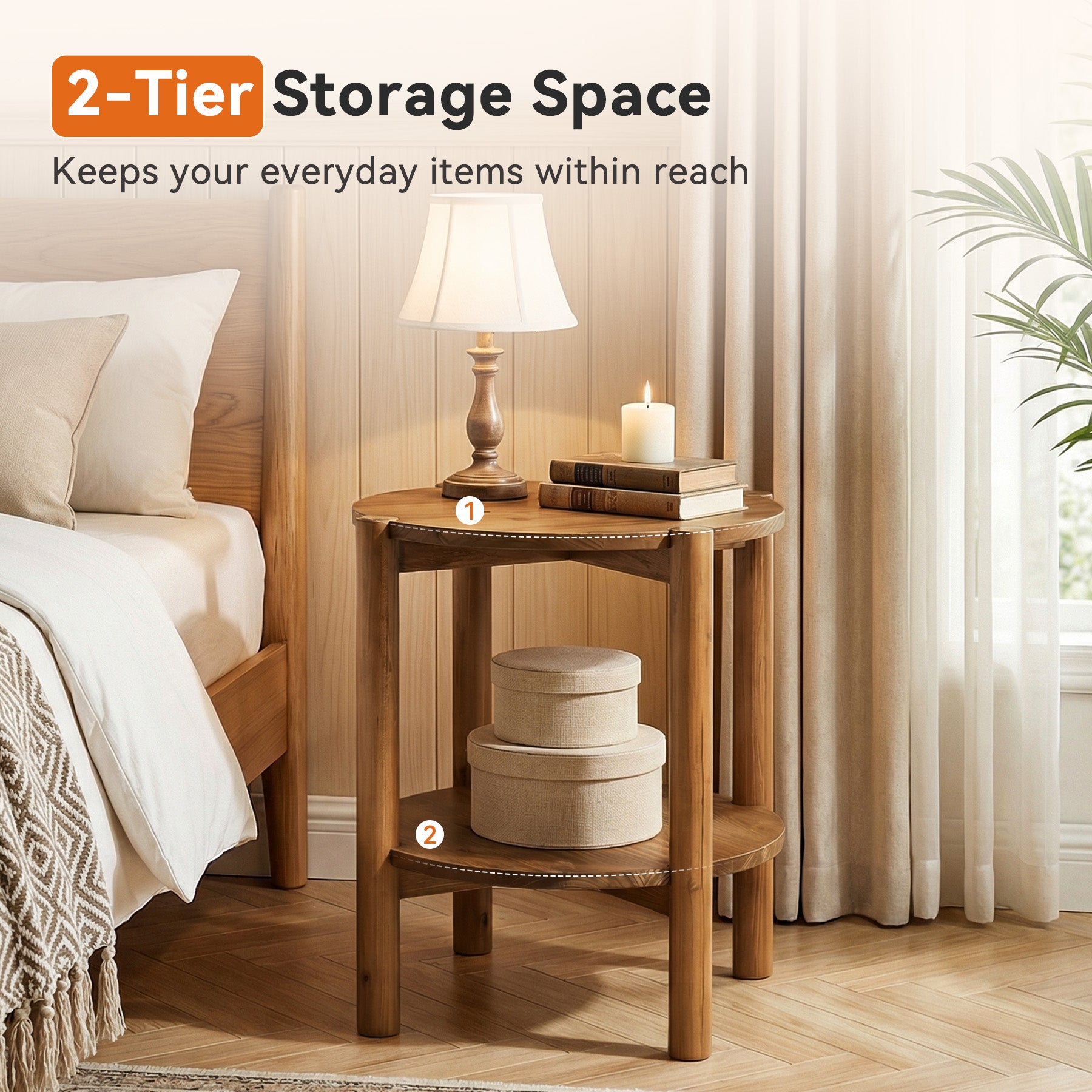 Tribesigns 19.68-Inch Solid Wood Round Side Table with Shelf, Farmhouse End Table for Bedroom
