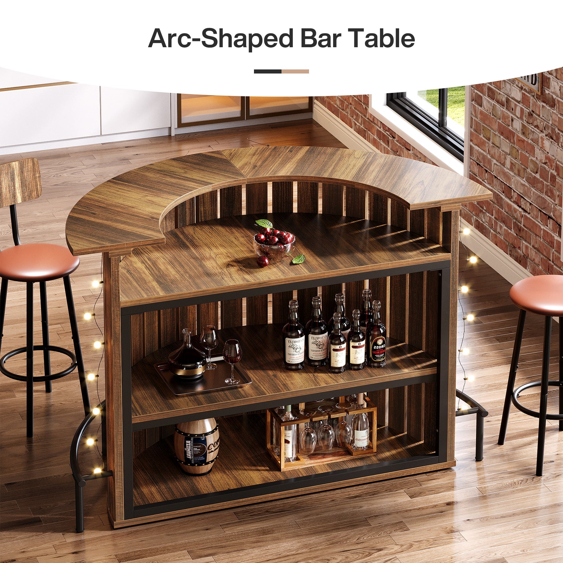 Tribesigns Bar Table with 4-Tier Storage and Footrest, Arc-Shaped Mini Home Bar Unit