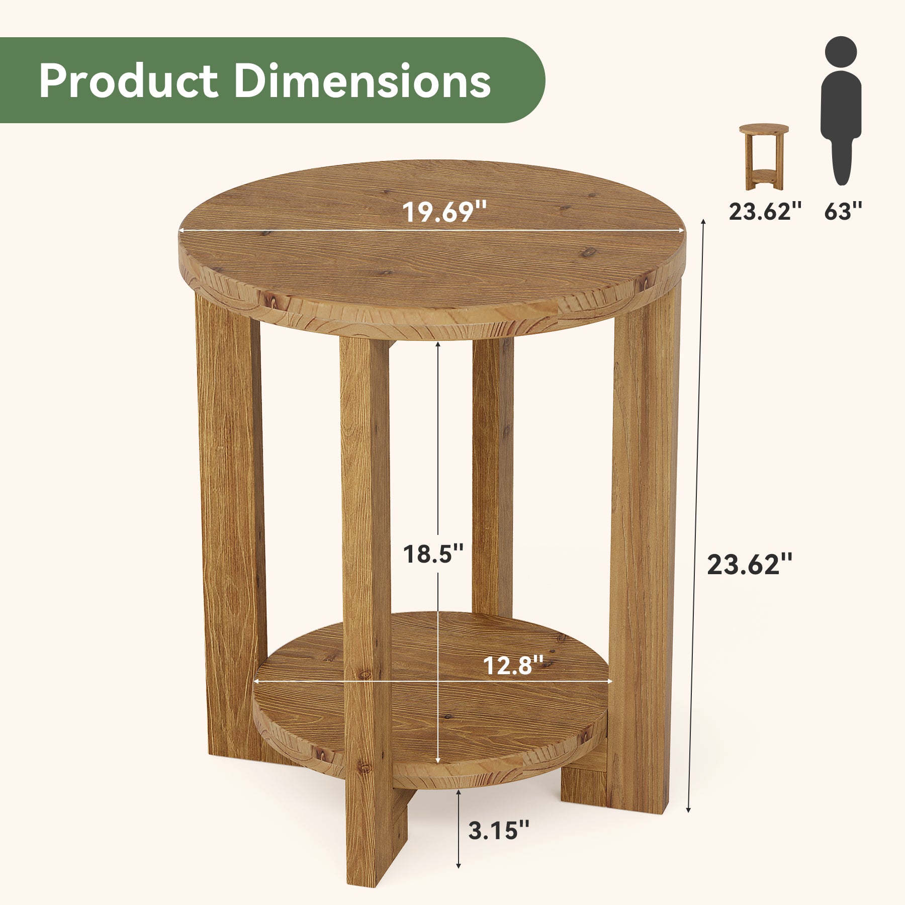 Tribesigns 19.69" Solid Wood Round End Table with 2-Tier Storage Shelf, Living Room Side Table