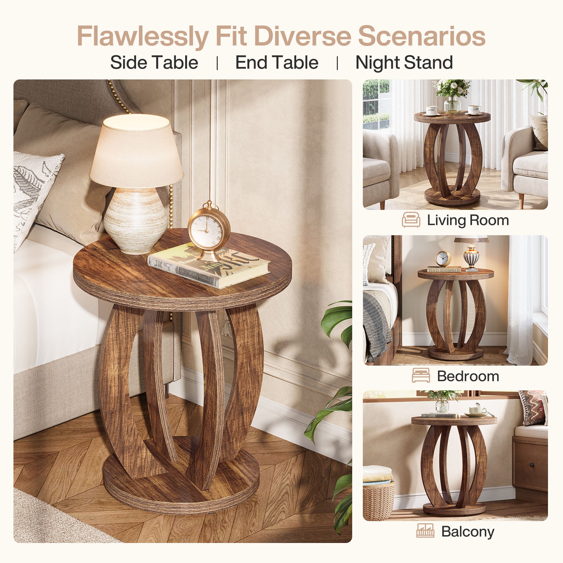 24" Round Farmhouse Nightstand - Bedside Table with Storage, Wood Base, Brown