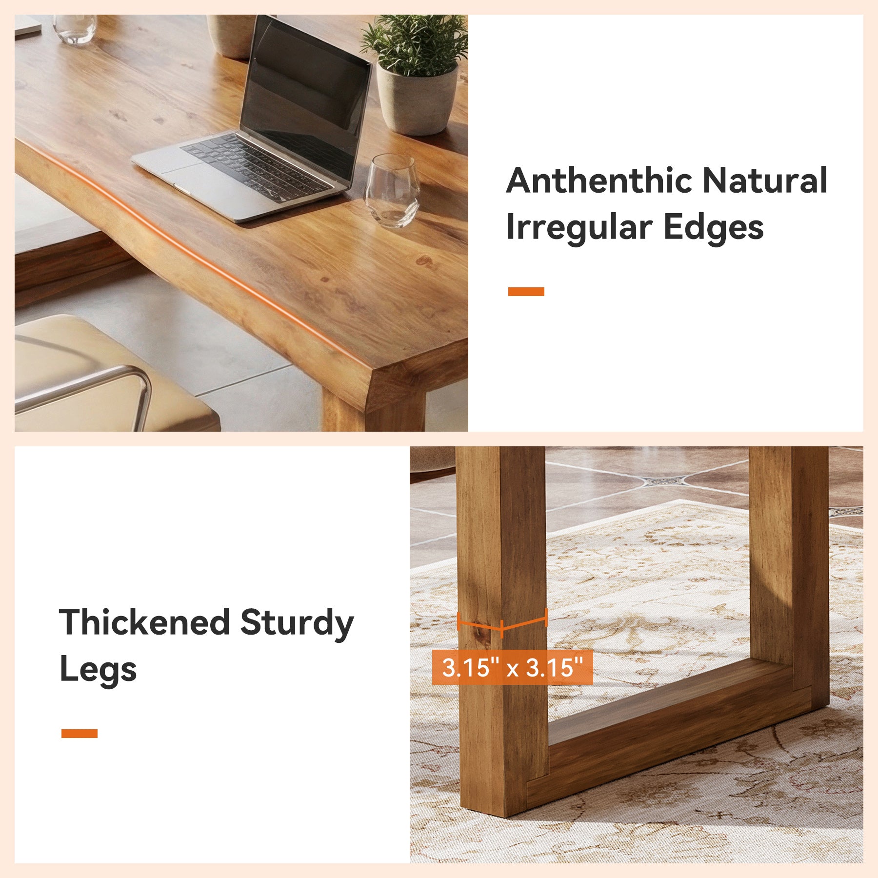63-Inch Solid Wood Computer Desk with Live Edge Top, Rectangular Executive Desk for Home Office