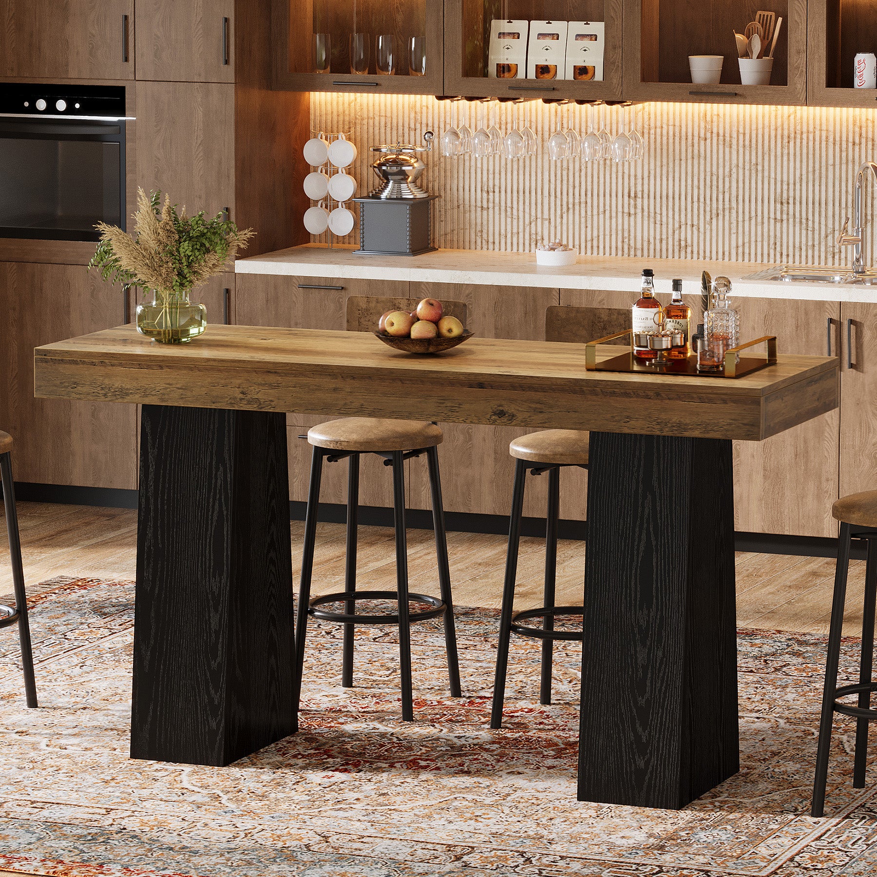 63-Inch Bar Height Table with Thick Top, Rustic Wood Counter Table for Kitchen